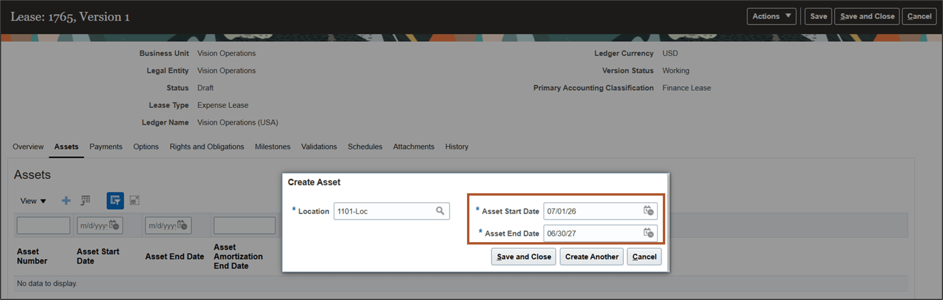 Create Asset page