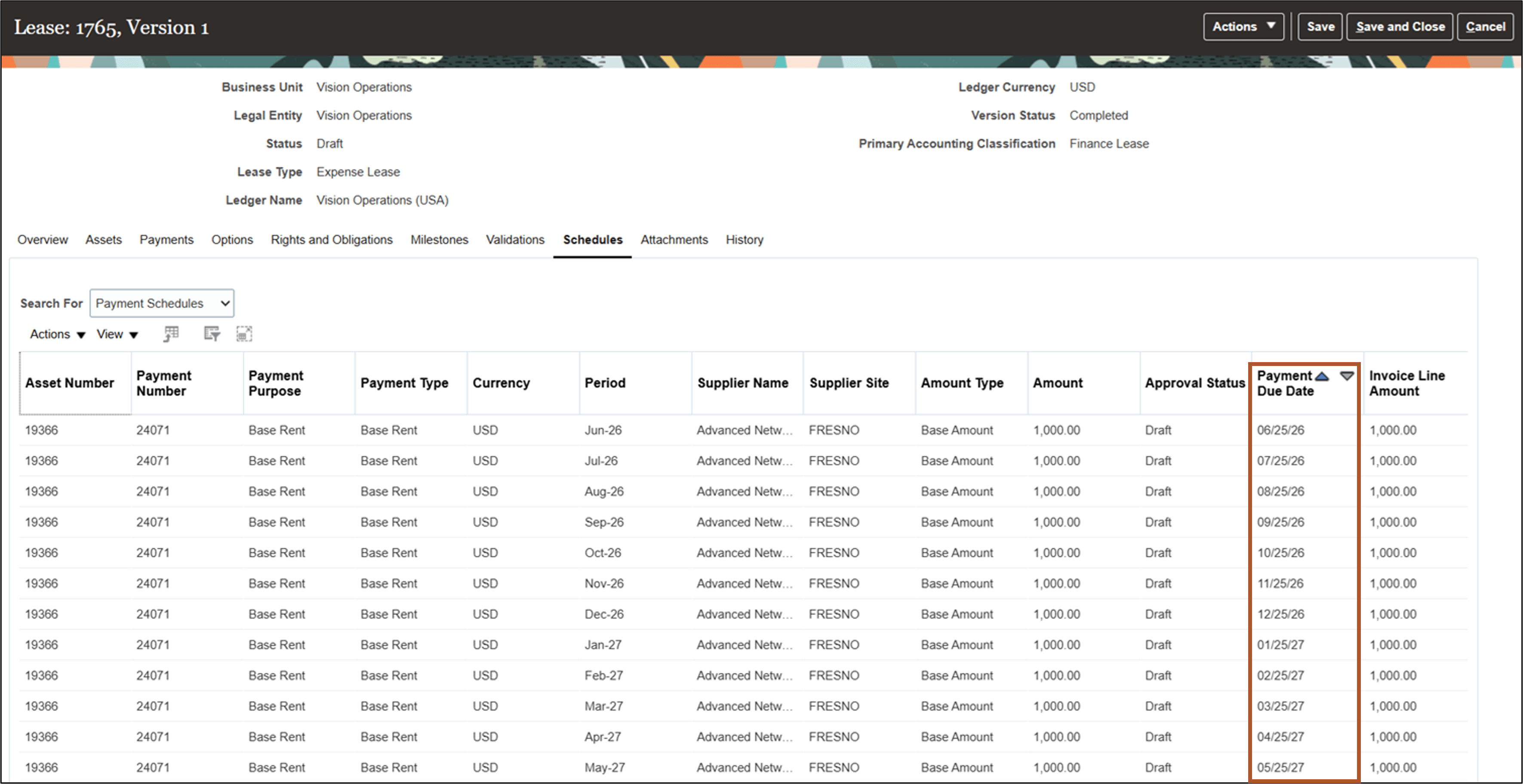 Schedules tab - Payment Schedules