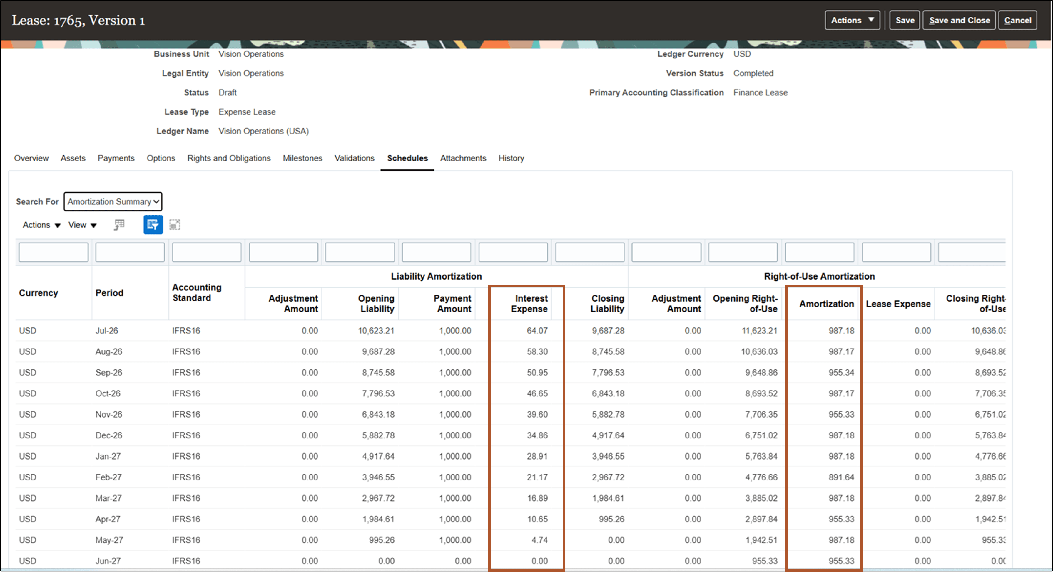 Schedules tab - Amortization Schedules