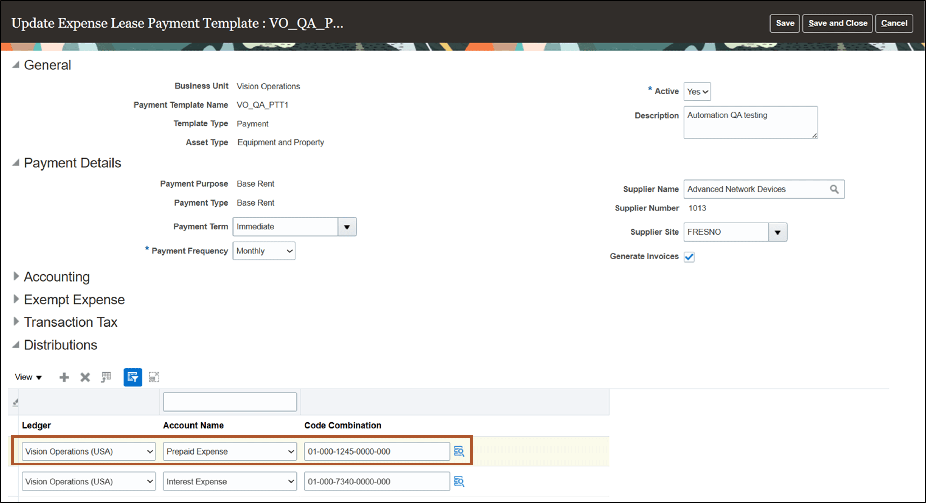 Expense Lease Payment Templates page