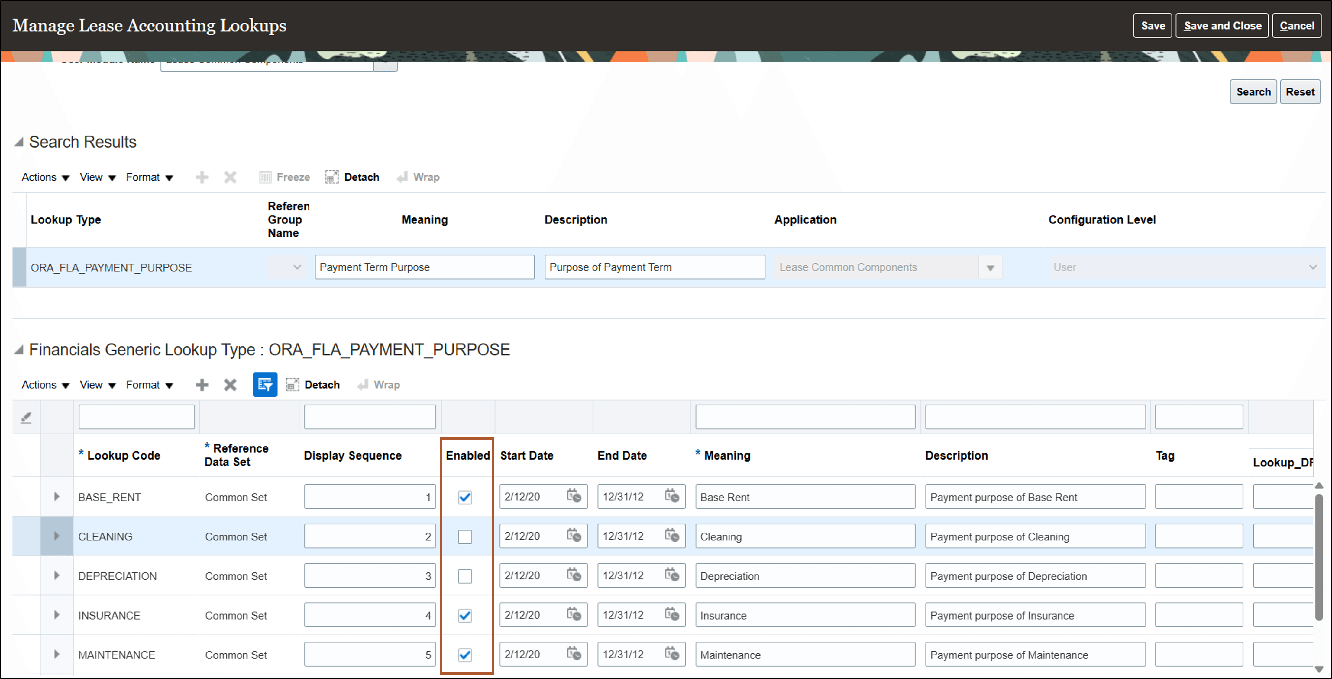 Manage Lease Accounting Lookups page