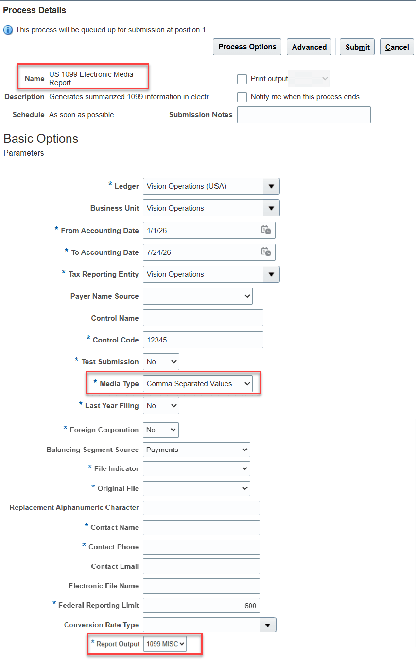 Submit US 1099 Electronic Media Report to generate CSV file format
