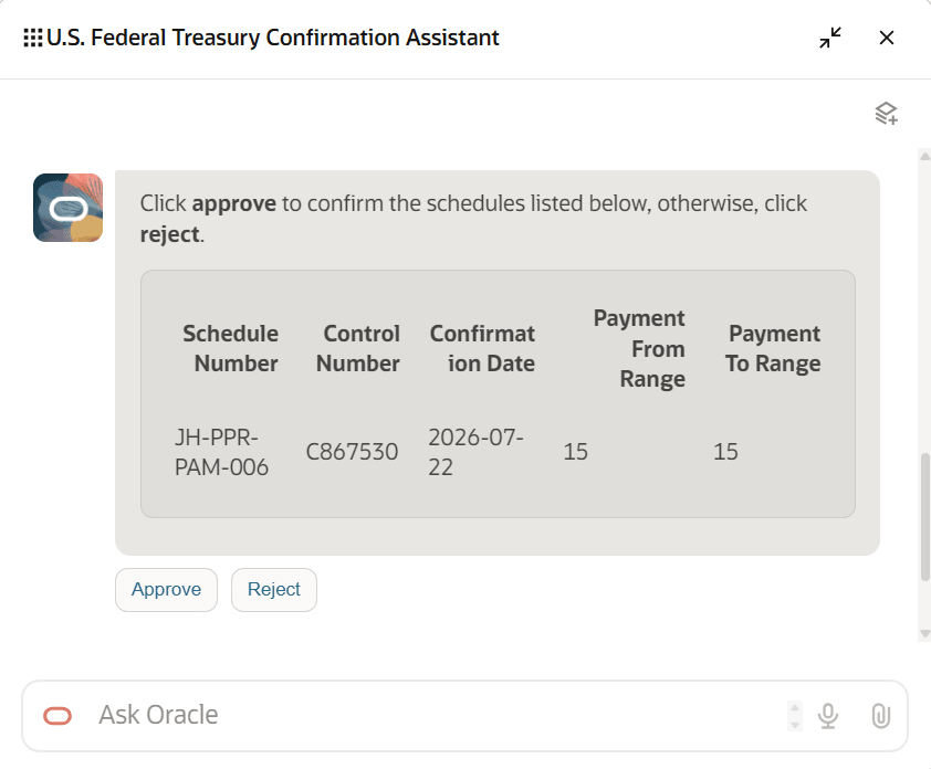 U.S. Federal Treasury Confirmation Assistant - Approve and Reject