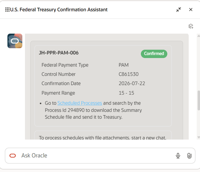 U.S. Federal Treasury Confirmation Assistant confirmation message