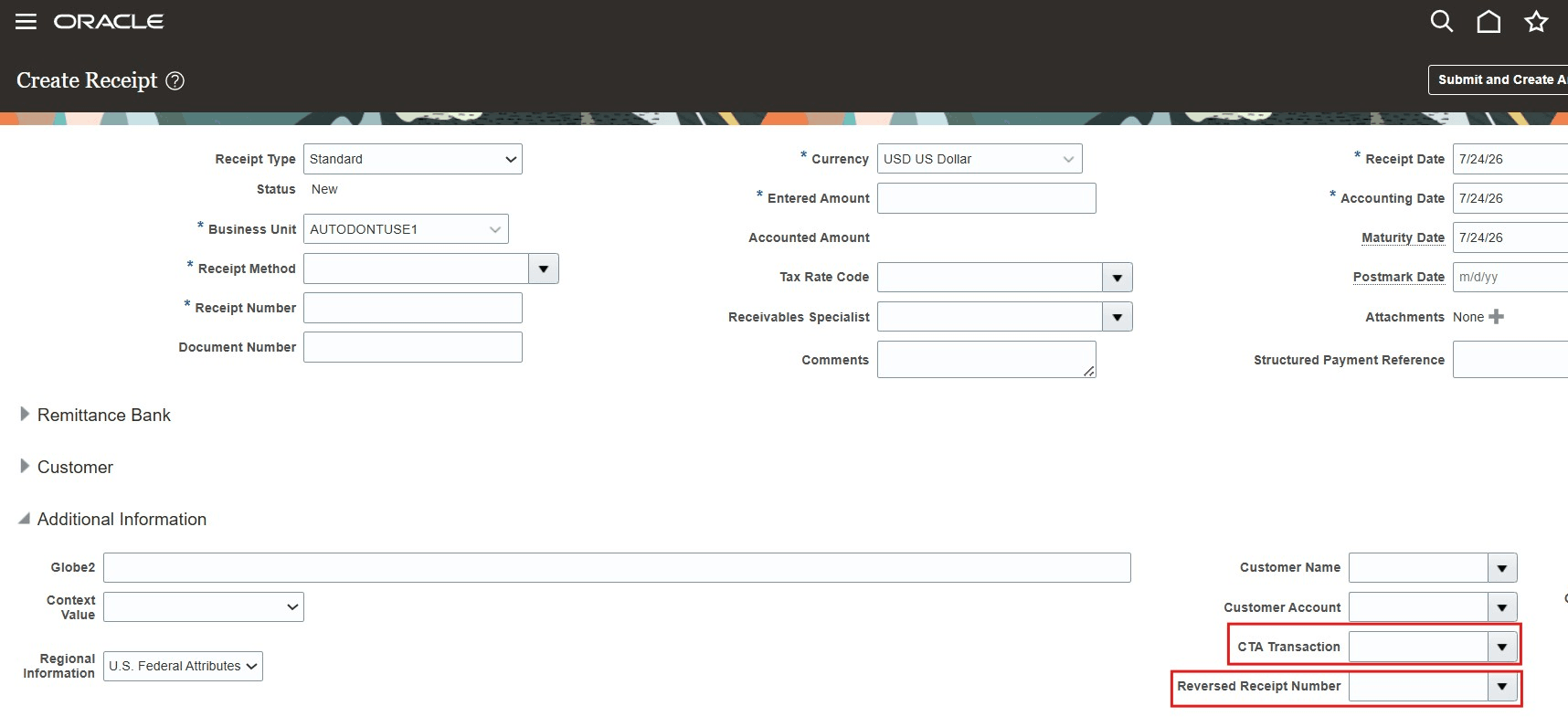 Reversed receipt numver is Create Receipt page