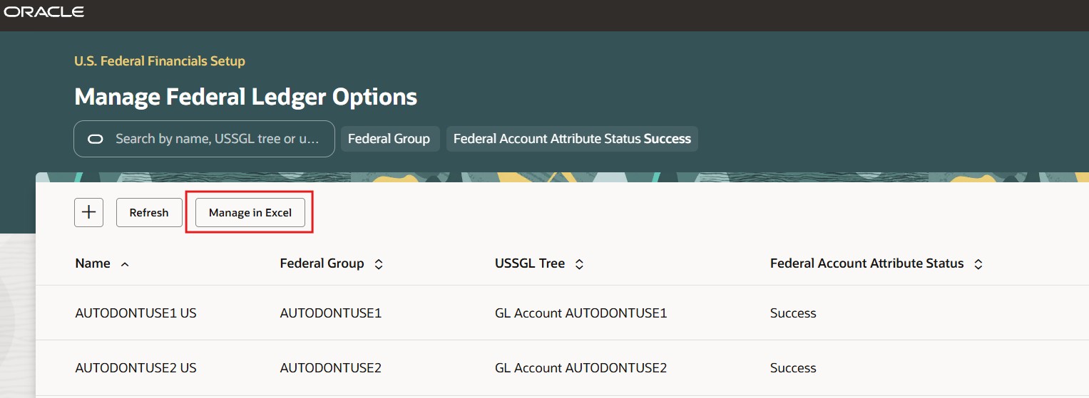 Manage in Excel for Federal Ledger Options