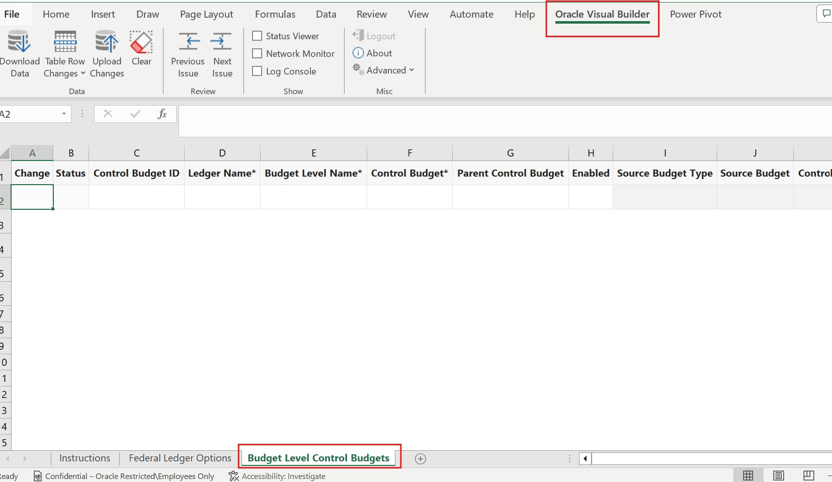 Budget Level Control Budgets tab in the Manage in Excel template