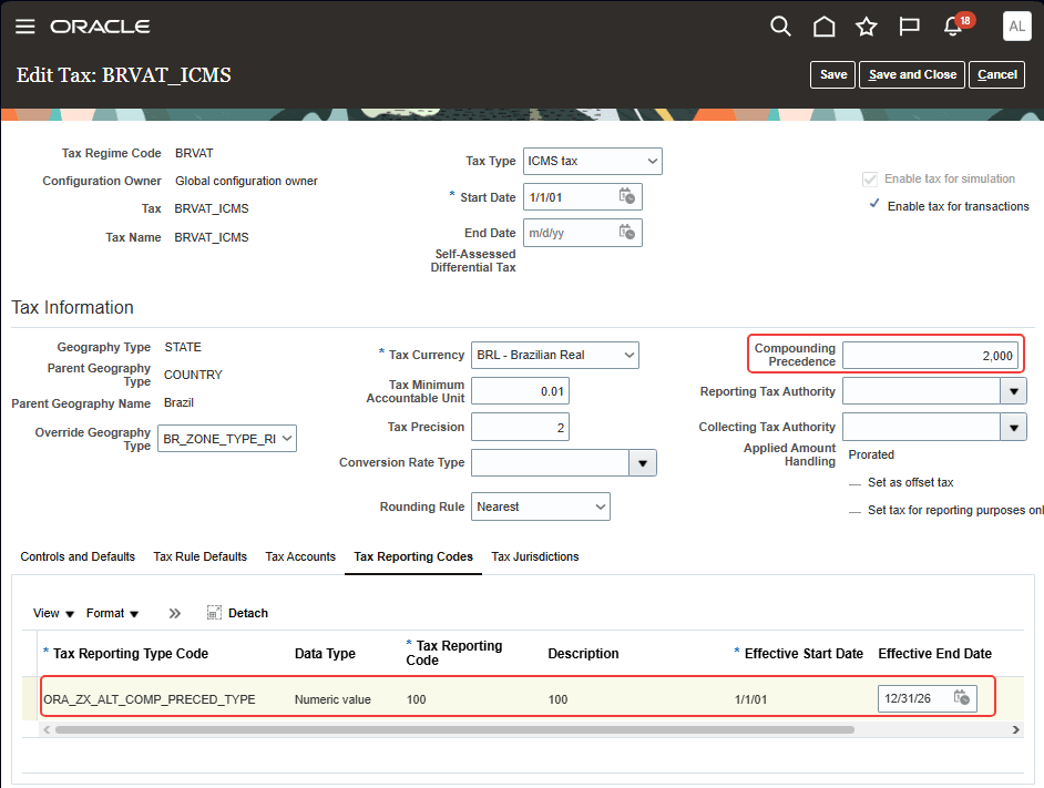 Tax Compounding Precedence Setup Example