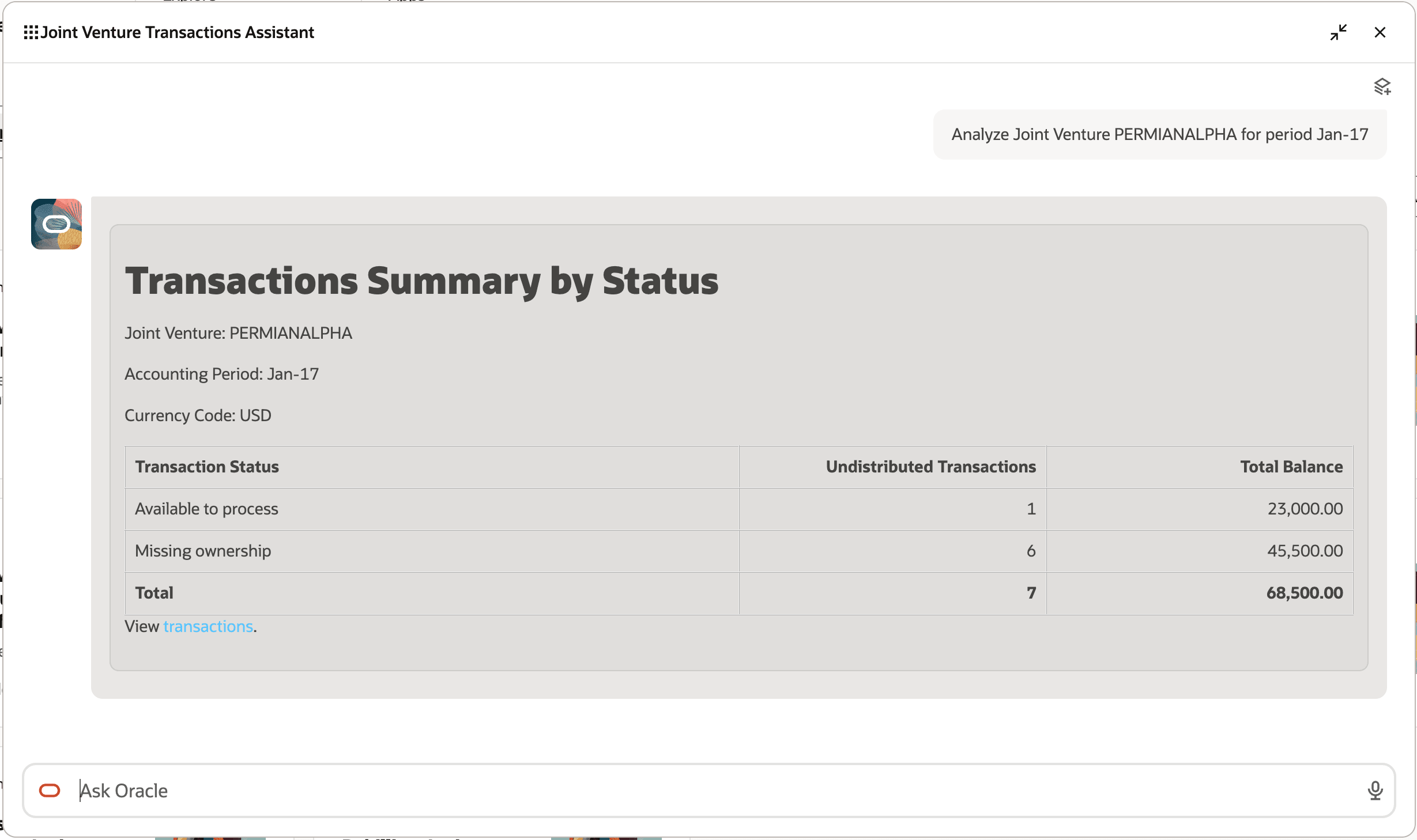 Joint Venture Transactions Assistant displays summary of transactions for a joint venture for a period. 