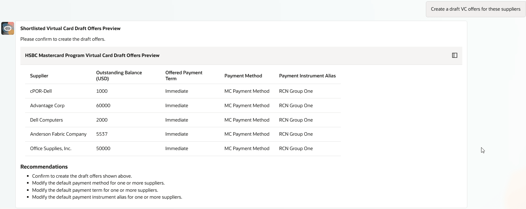 Users can create draft virtual card offers for eligible suppliers