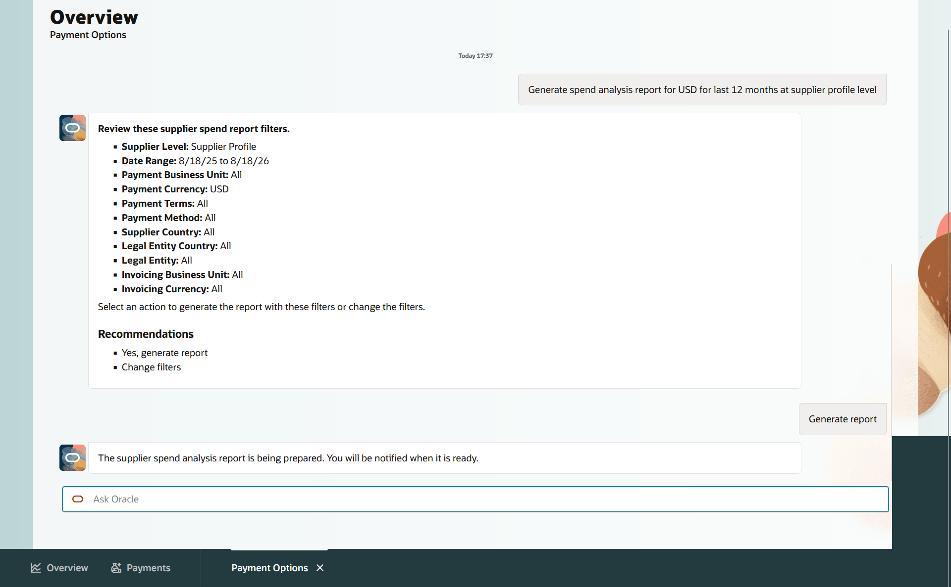 Users can generate the Supplier Spend Analysis report from the agent