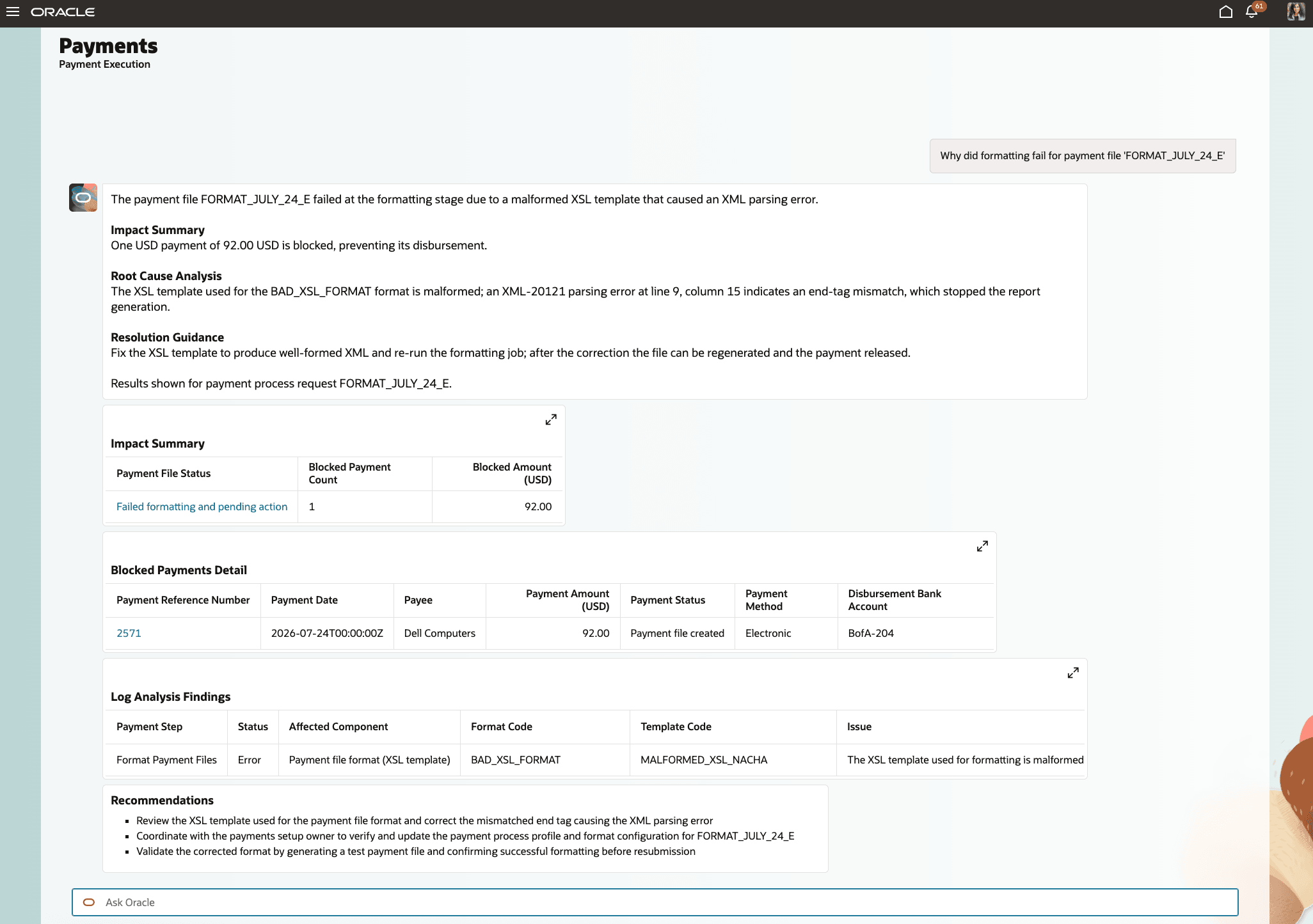 Users can ask why a payment file failed and view the cause and recommended next action in the chat