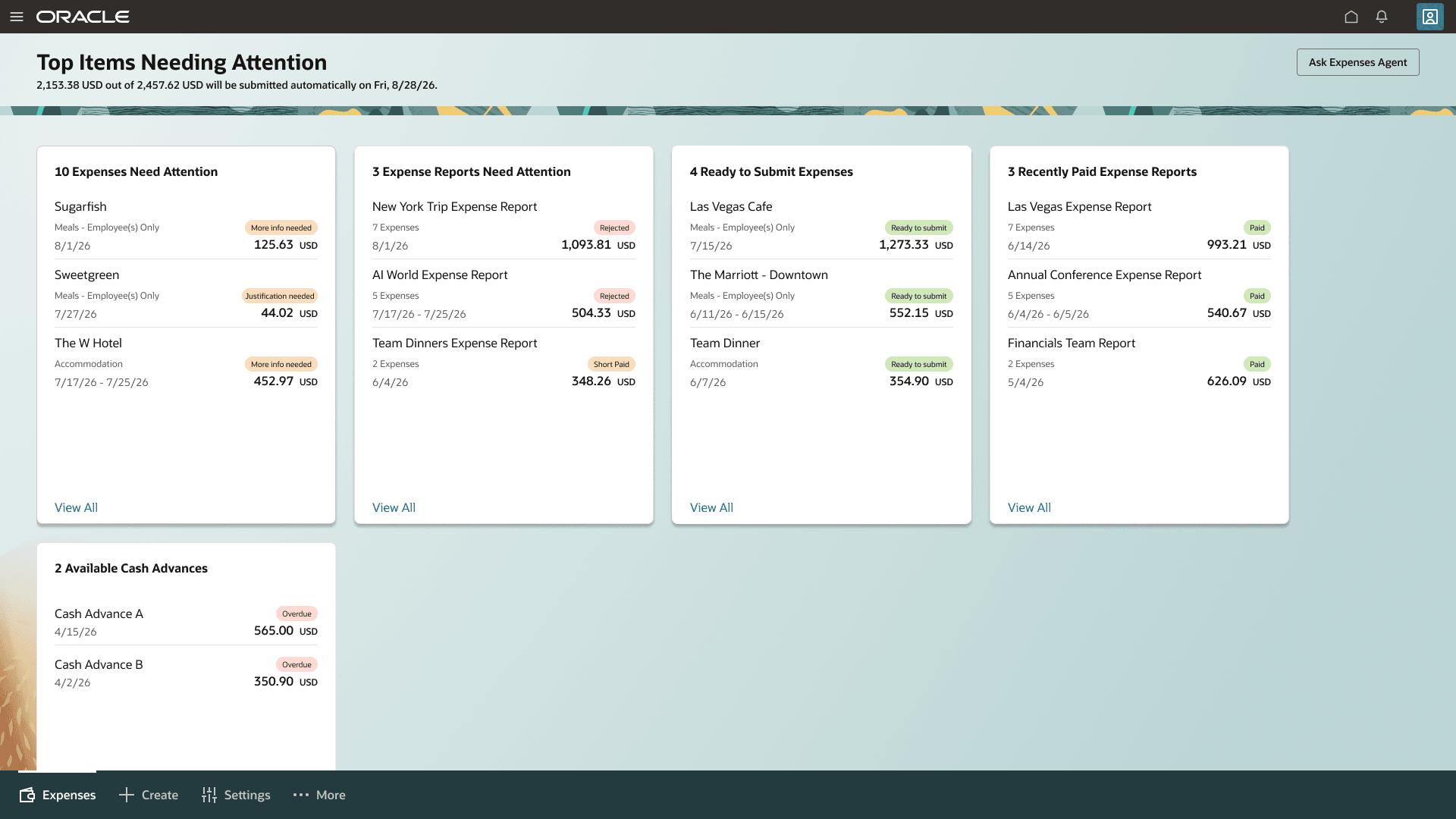 The new expenses landing page.