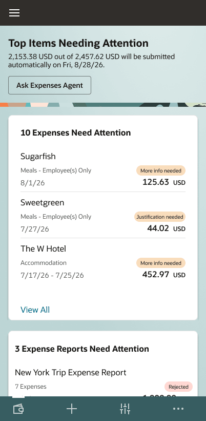 The mobile version of the new expenses landing page.
