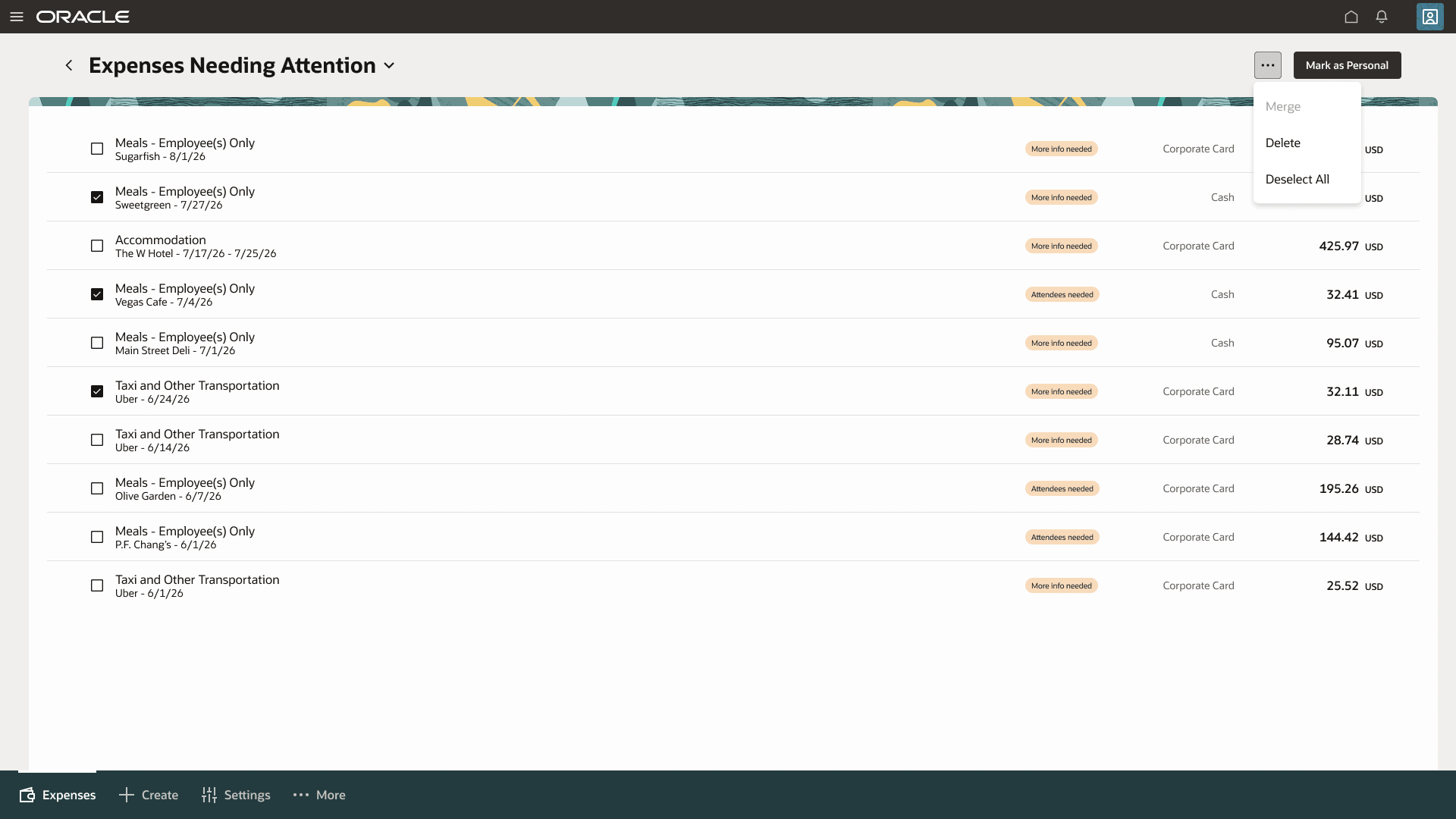 Expenses Needing Attention list view with actions.