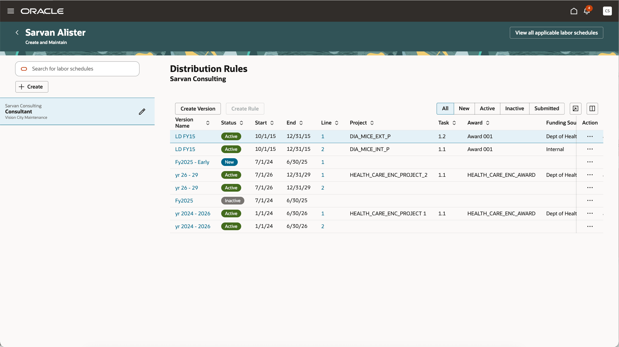 Create and Maintain Labor Schedules Page