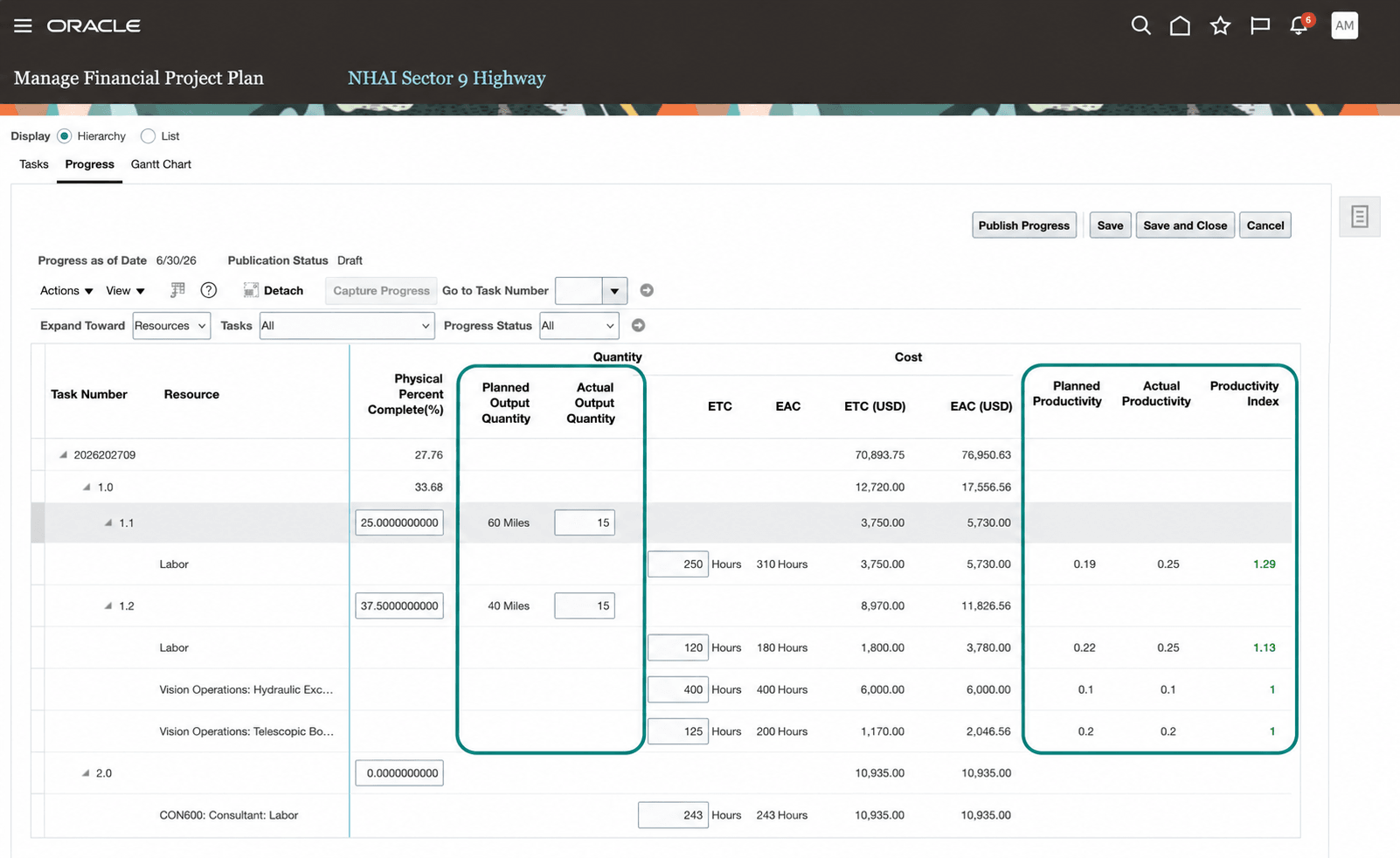 Track Project Progress - Planned and Actual Quantity with Productivity Measures