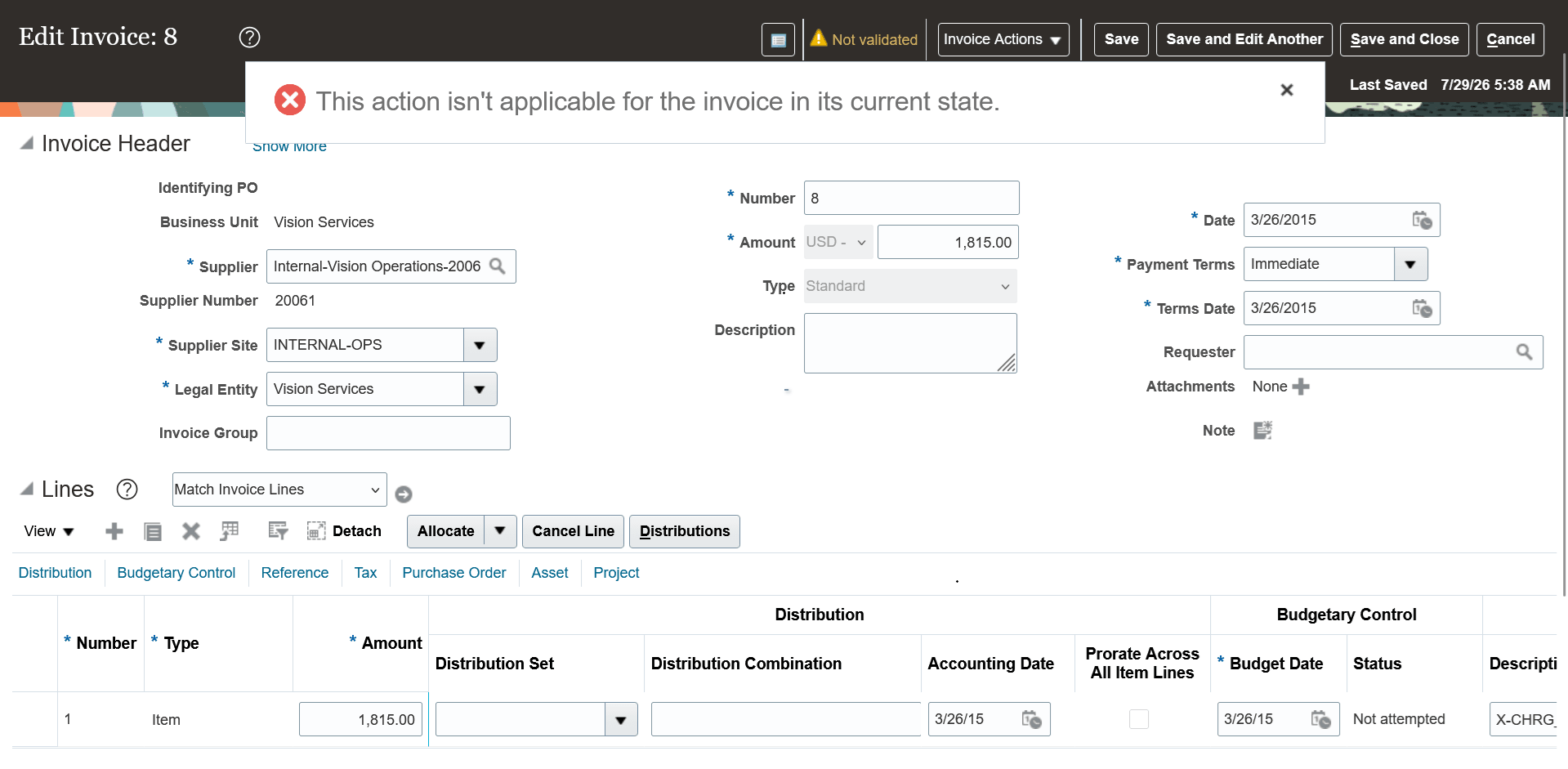 The Manage Invoices page in Payables, showing a message when a user attempts to delete an invoice originating from project intercompany or interproject sales invoices.