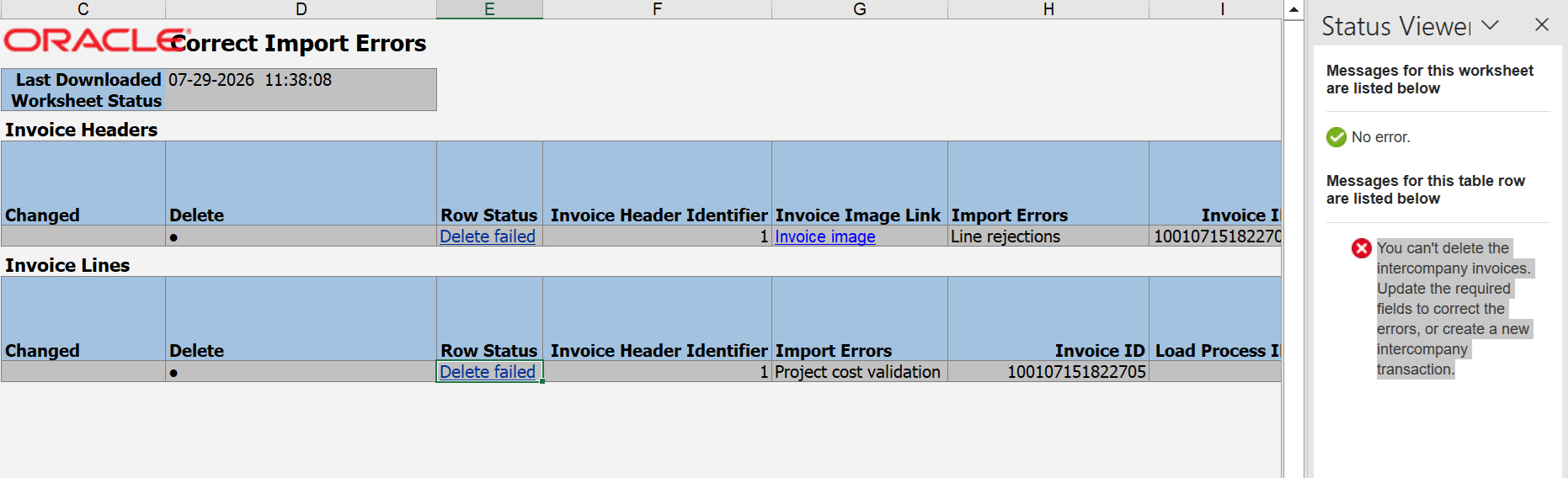 The Payables Correct Import Errors spreadsheet, showing an error message when a user attempts to delete an invoice originating from project intercompany or interproject sales invoices.