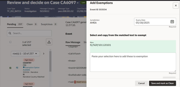 This image shows the Exemption and Alert Suppression Feature, which lists the Event ID, Jursidcition, Expiry Date, and a text box. Select and copy from the matched text to exempt, then click Save and Mark as Clean