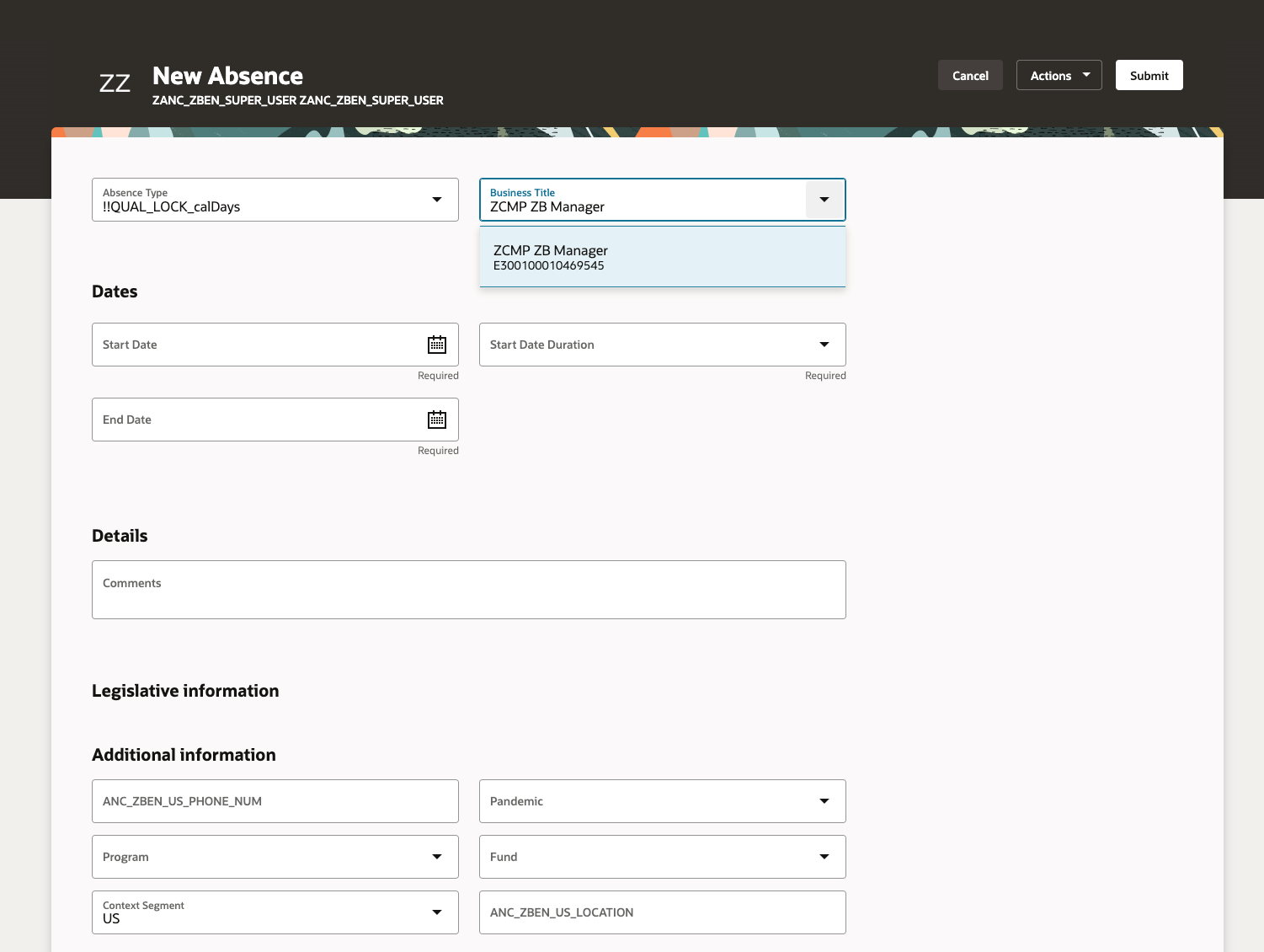 Screen capture of the assignment number displayed with assignment name in basic absence entry mode.
