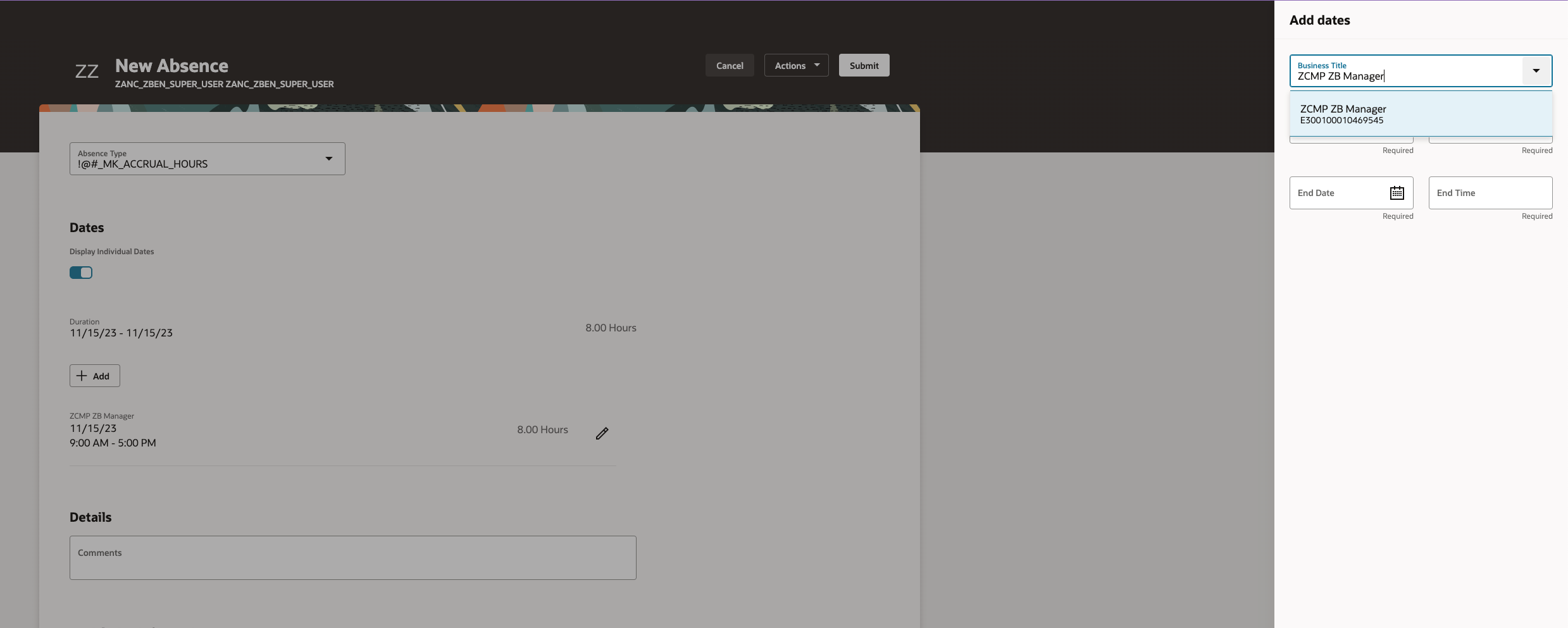 Screen capture of the assignment number displayed with assignment name in individual day record.