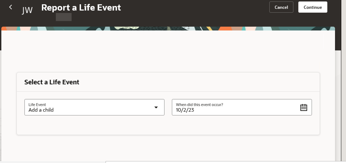 Screen capture for the Self-Service Benefits Self Report a Life Event Redwood page.