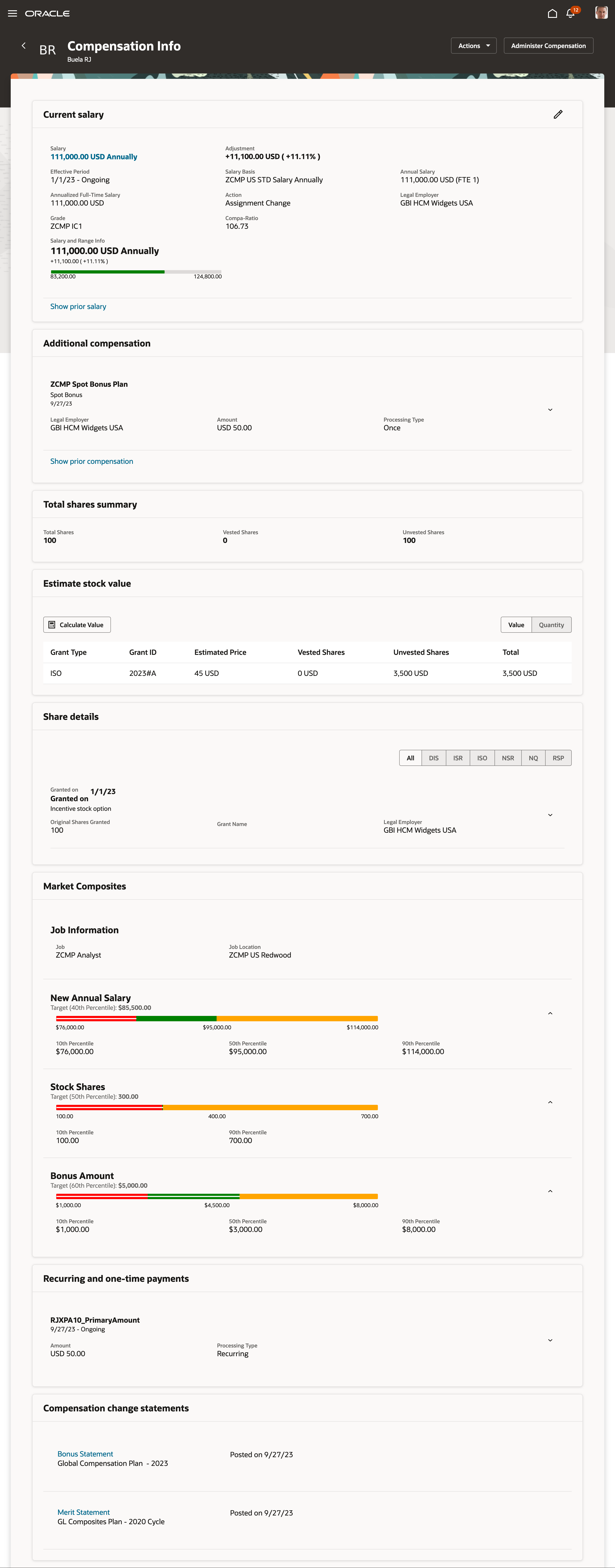 Screen capture of the Redwood Compensation Info Page with All the Sections