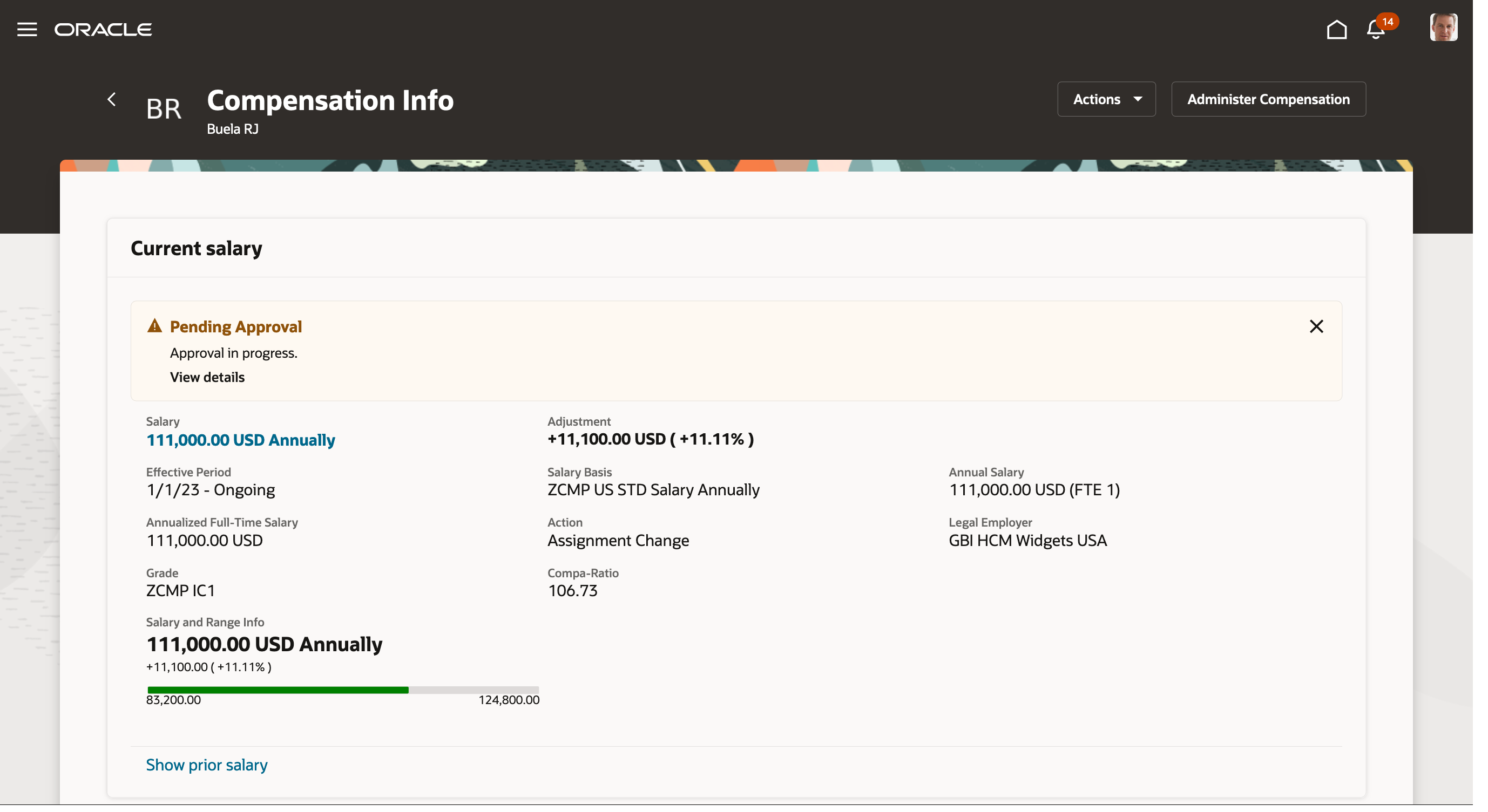 Screen capture of the Salary Section When a Submission is Pending Approval