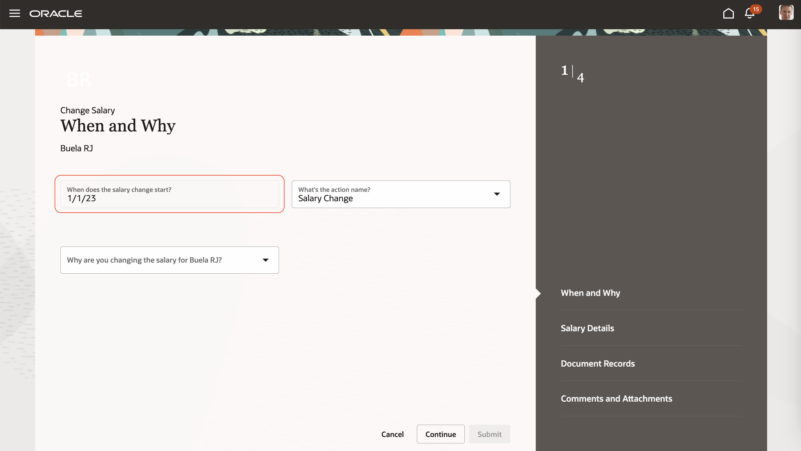 Screen capture of the When and Why Step of the Change Salary Flow