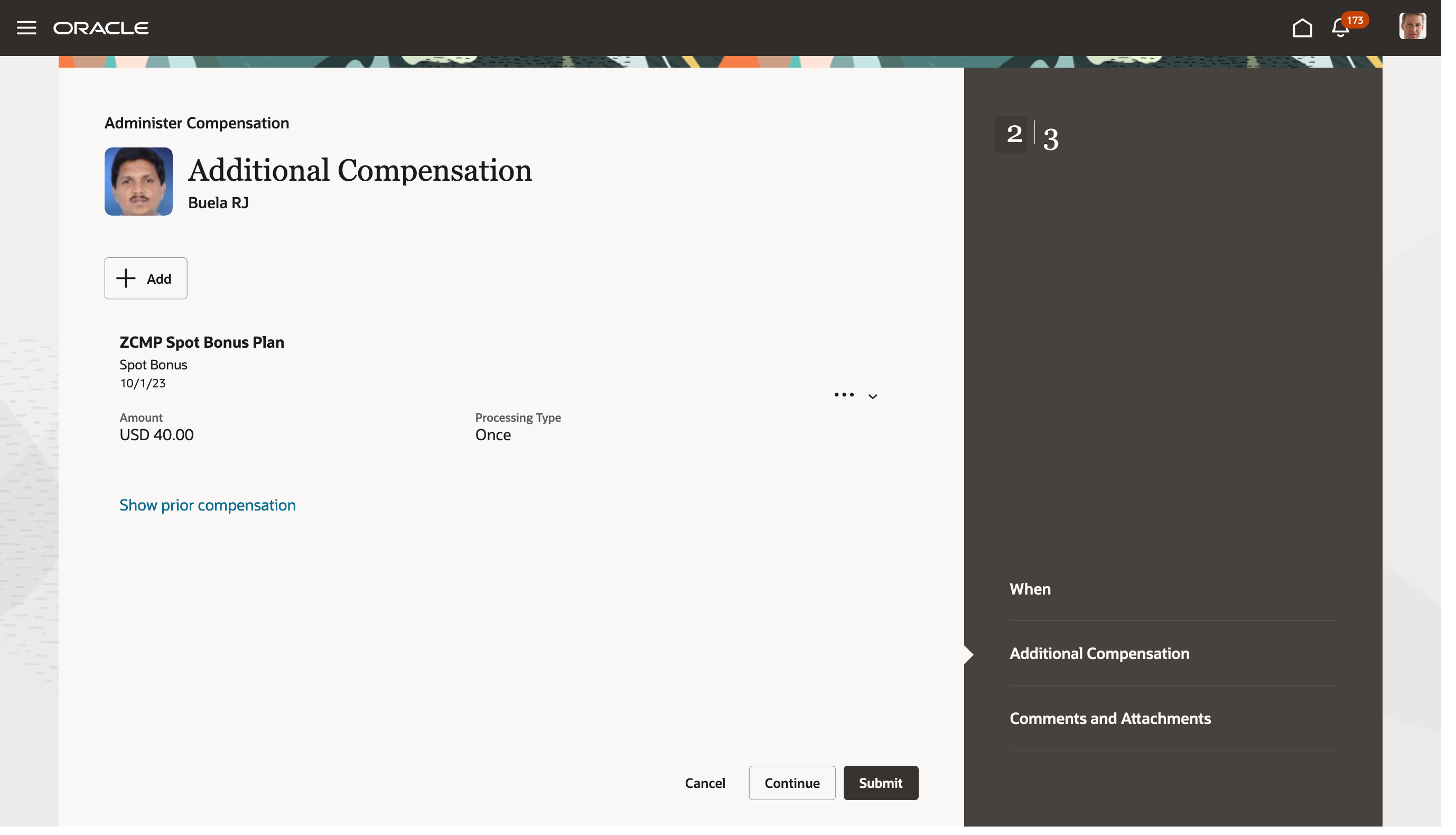 Screen capture of the Redwood Additional Compensation Page in the Administer Compensation Guided Process