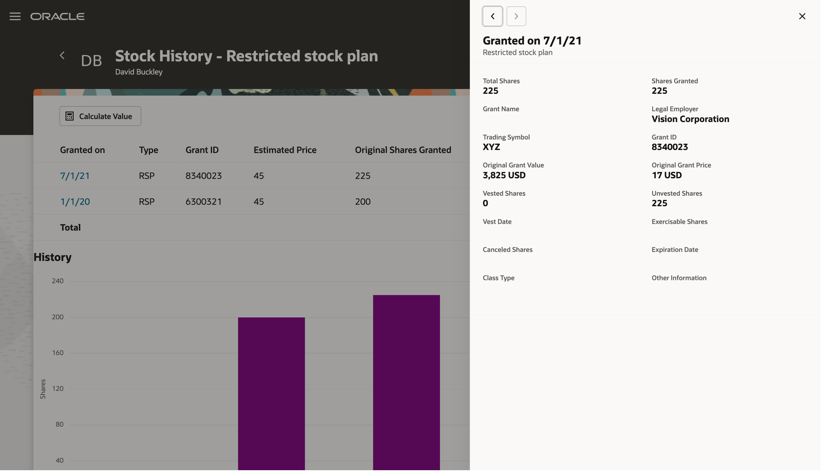 Screen capture of the Stock History Drawer Opened by Clicking the 7/1/21 Granted on Link