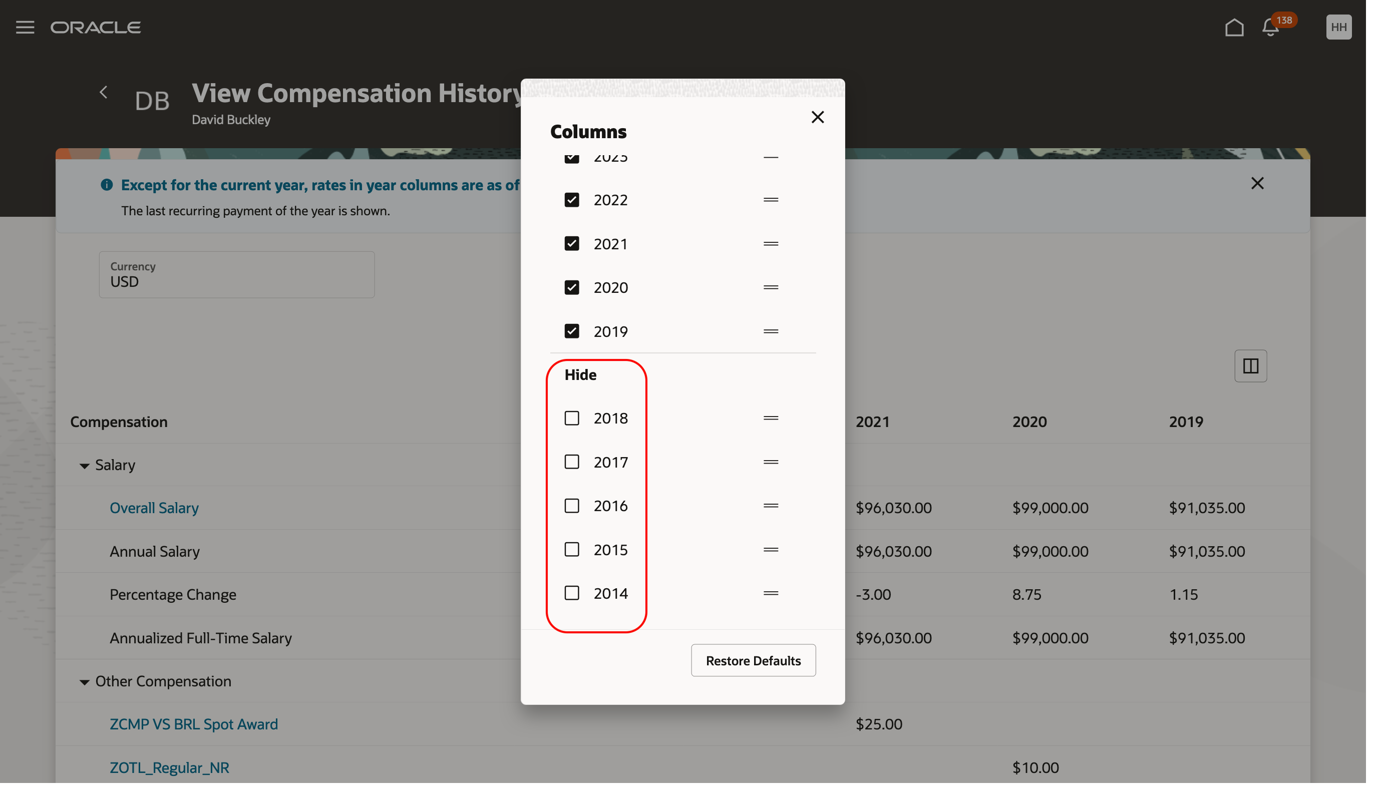 Screen capture of the Compensation History Page, Columns Dialog Box Where You Can Choose How Many Years of History to Show