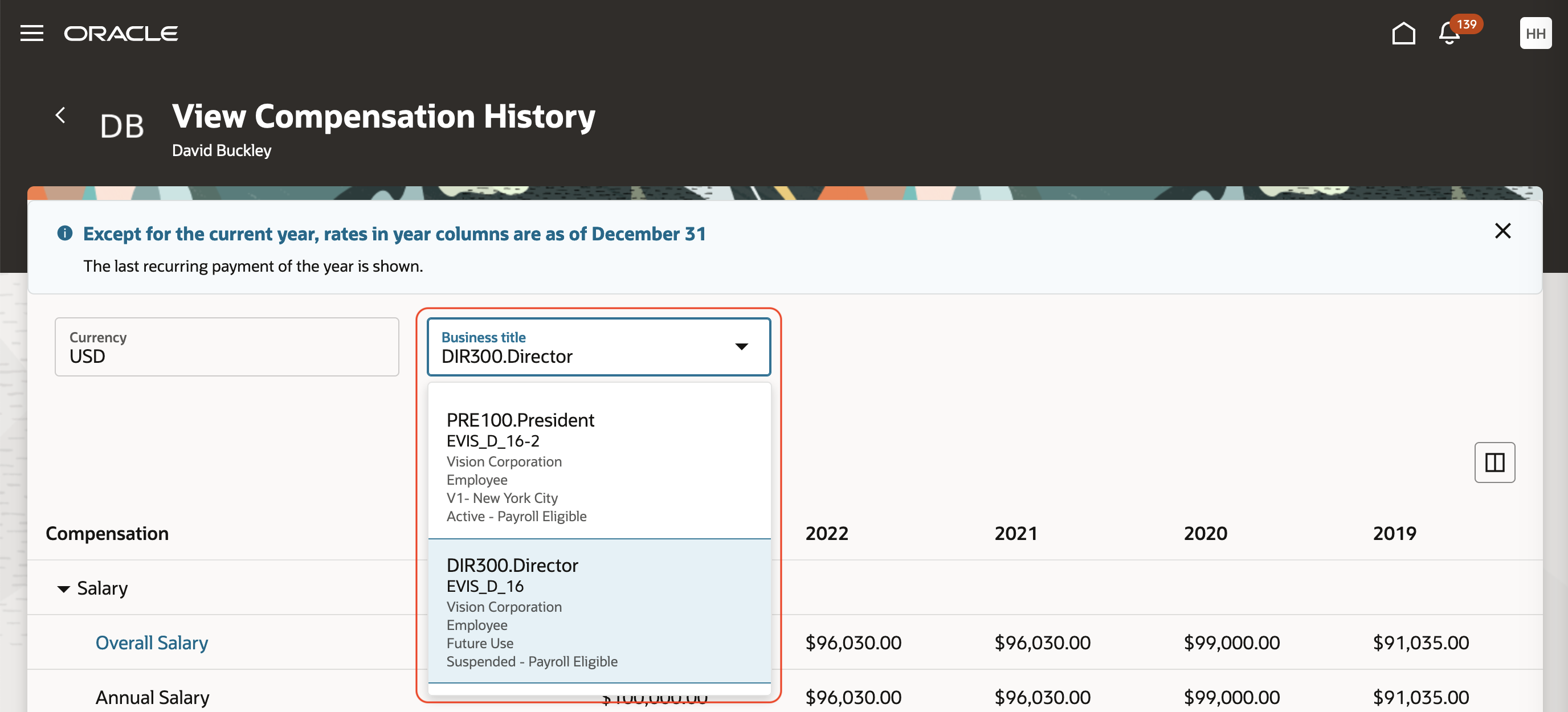Screen capture of the Business Title Switcher When More Than One Assignments Exist