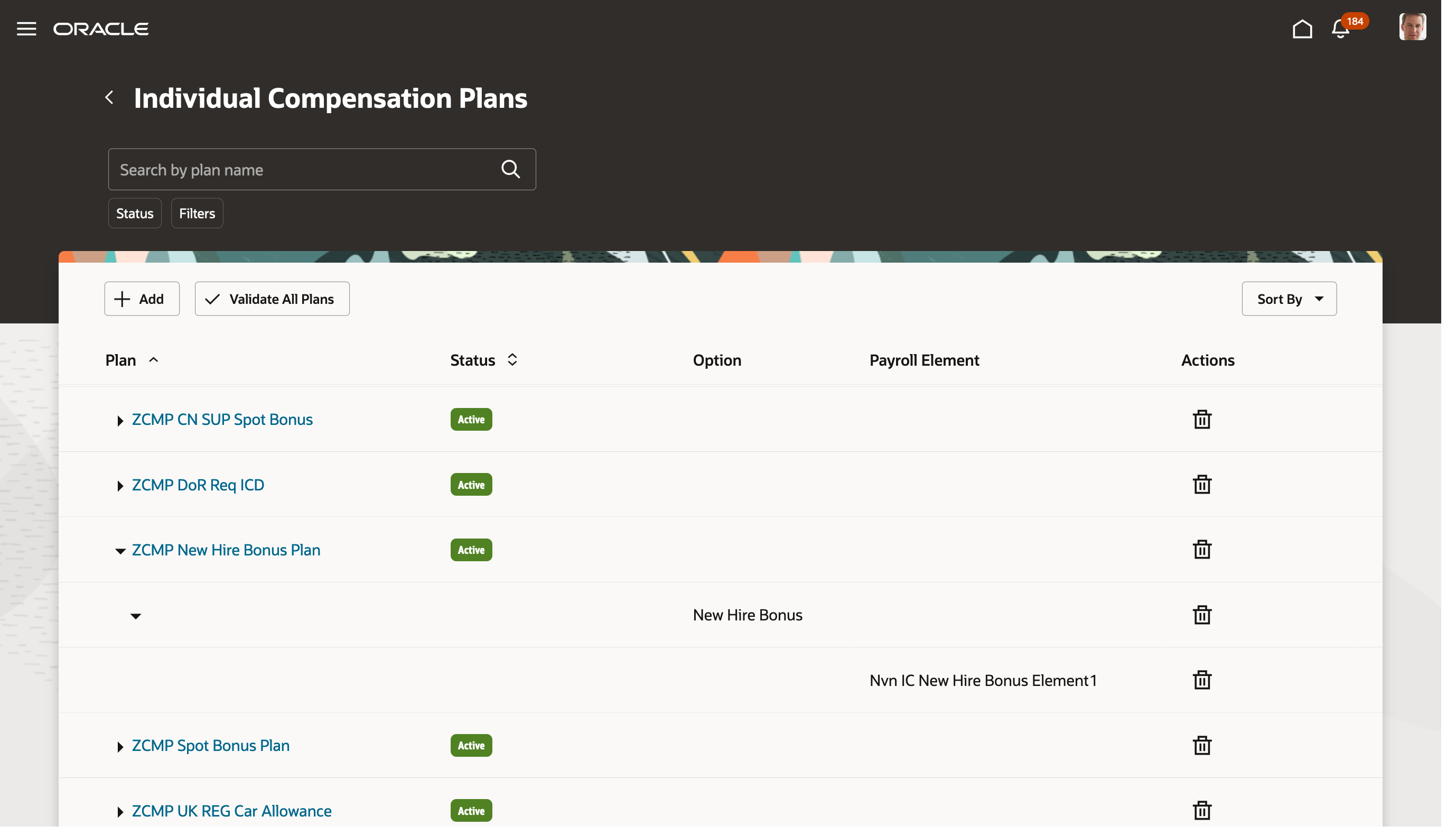 Screen capture of the Individual Compensation Plan Page Listing the Configured Plans