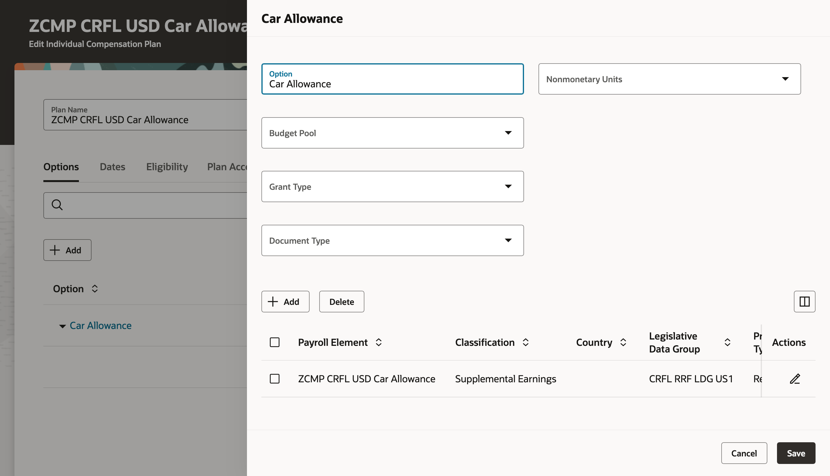 Screen capture of the Drawer Showing the Option and Element Details