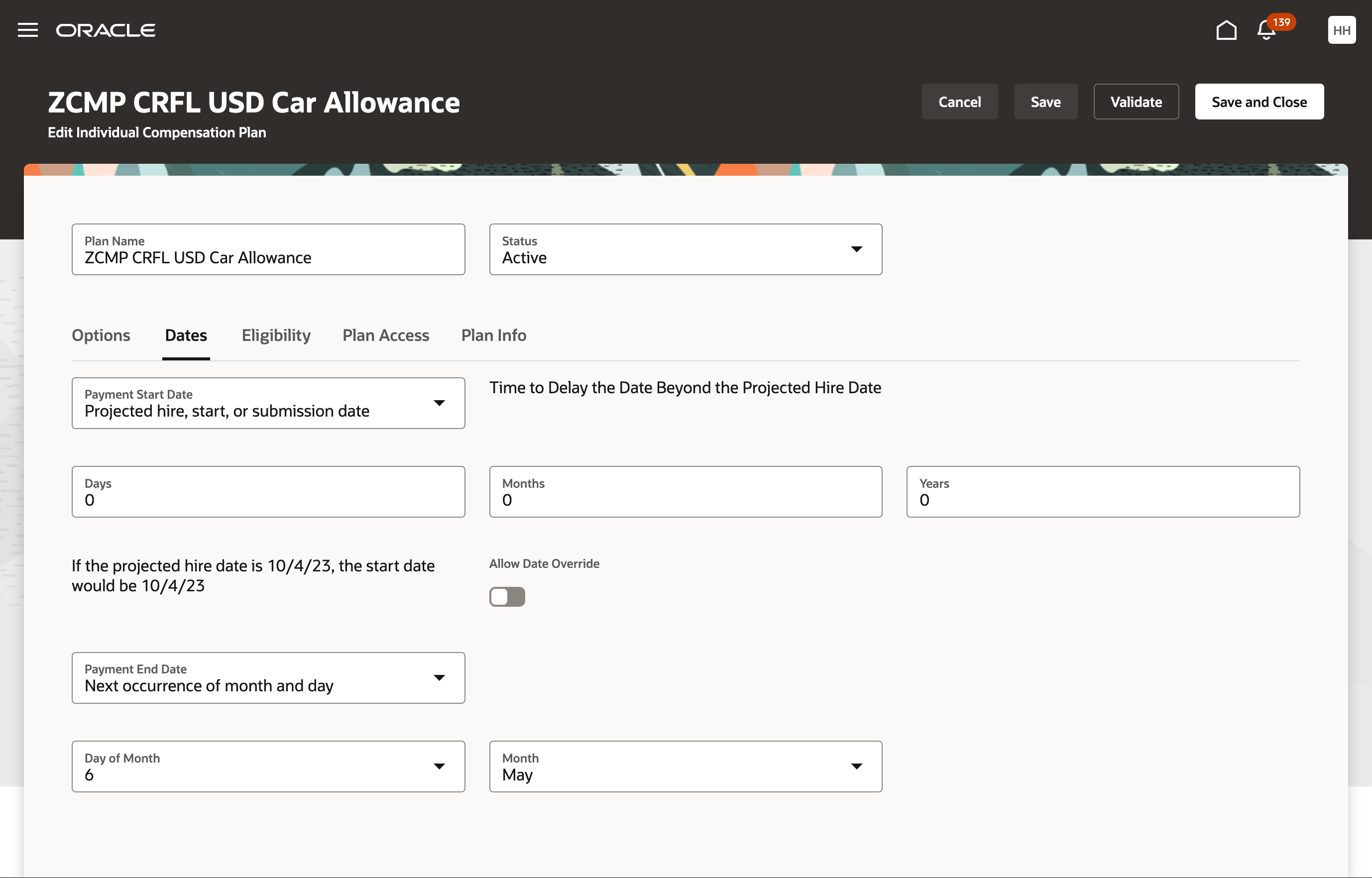 Screen capture of the Dates Tab Showing Payment Start and End Date