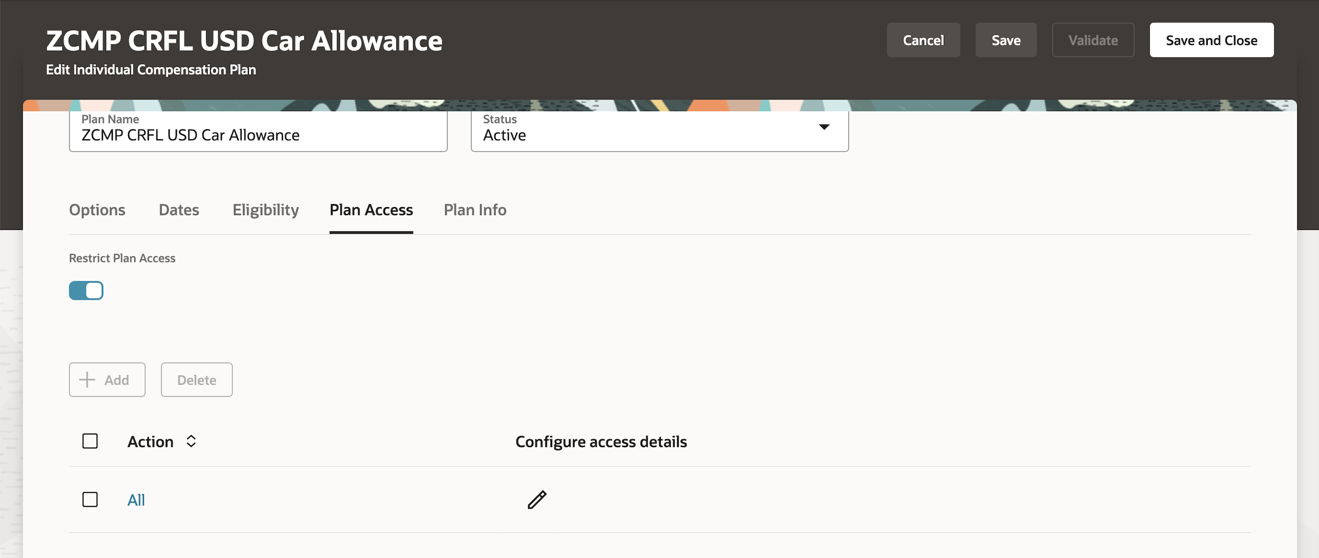 Screen capture of the Plan Access Tab Showing Plan Access Settings