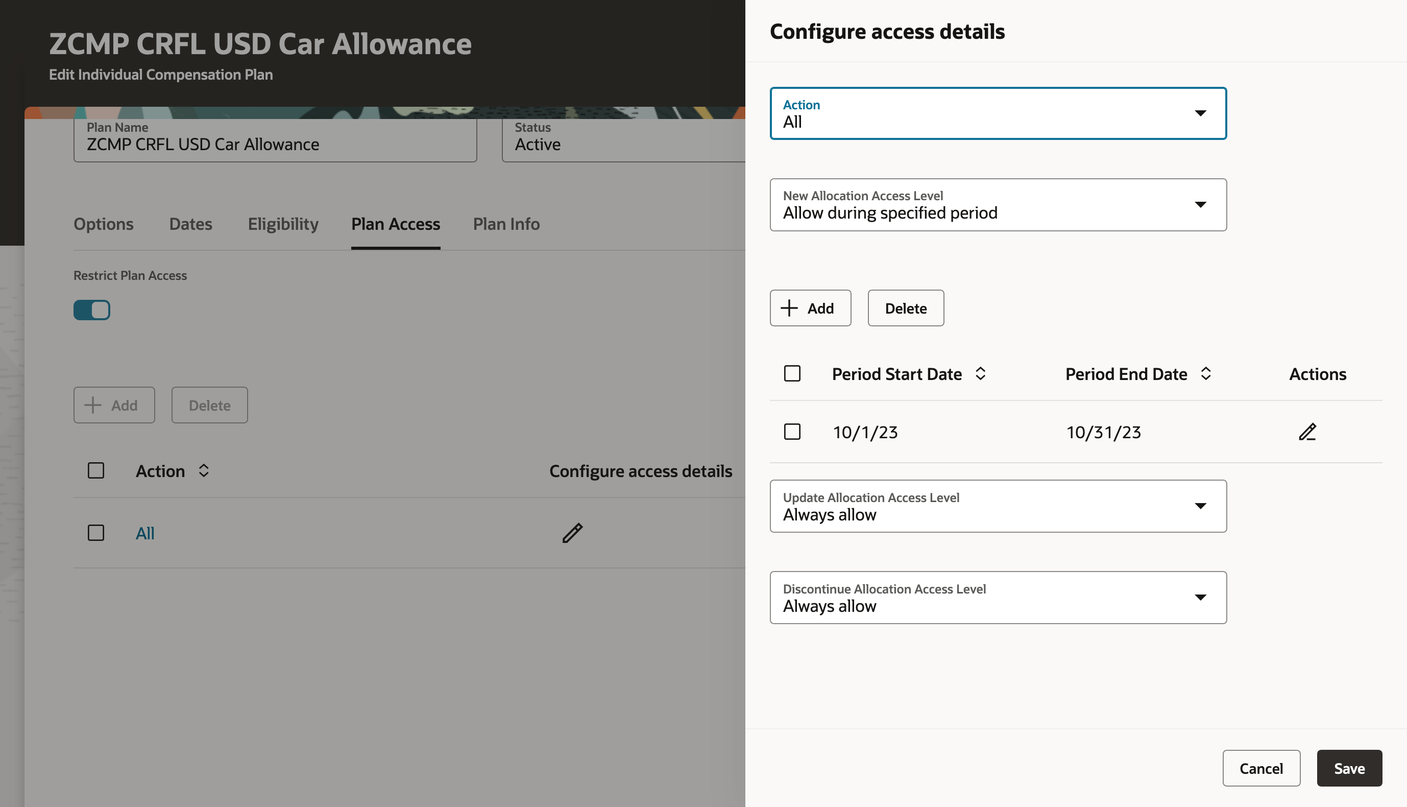 Screen capture of the Drawer Showing the Configured Access Details for the Action