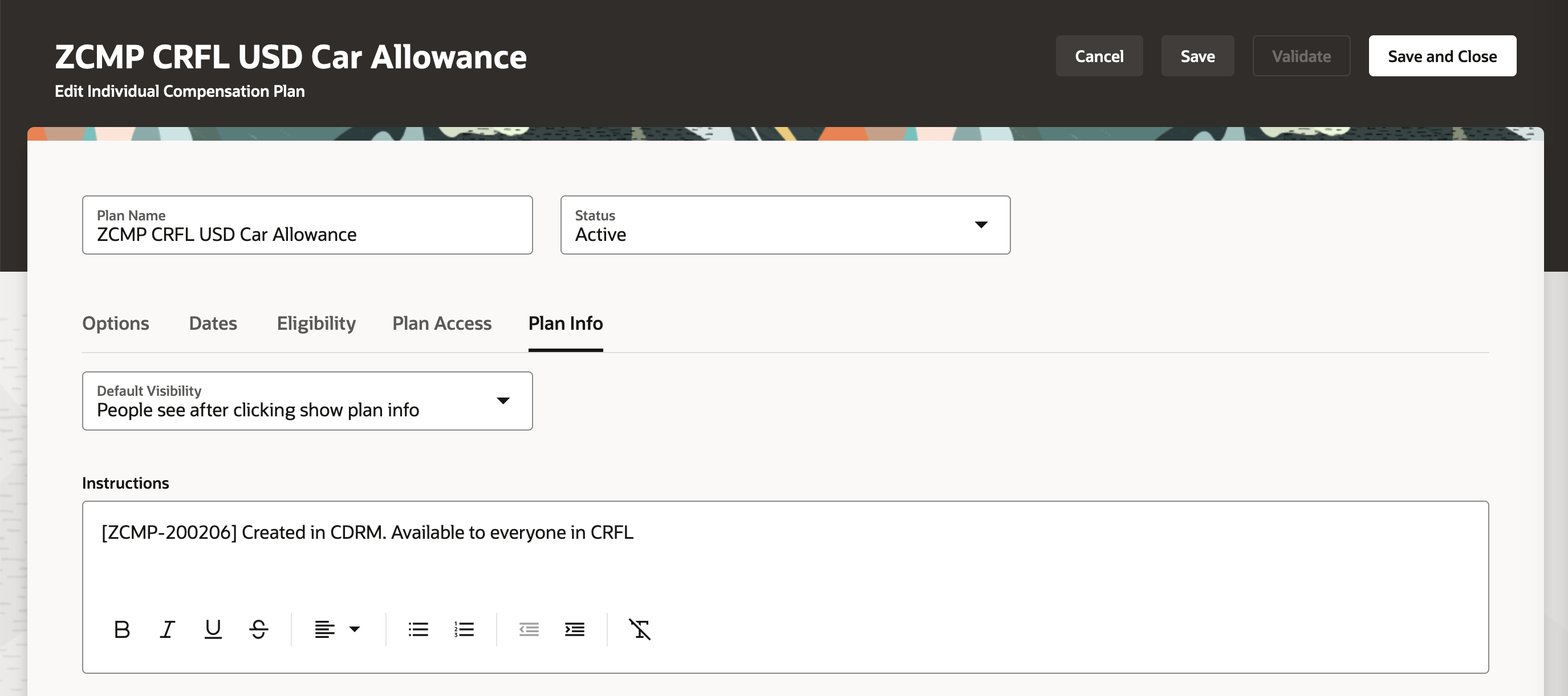 Screen capture of the Plan Info Tab