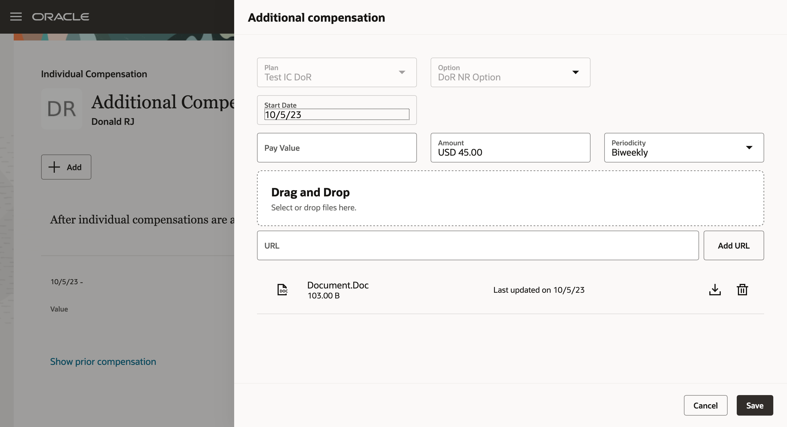 Screen capture showing how to Attachment in the Additional Compensation Drawer of the Individual Compensation Guided Process