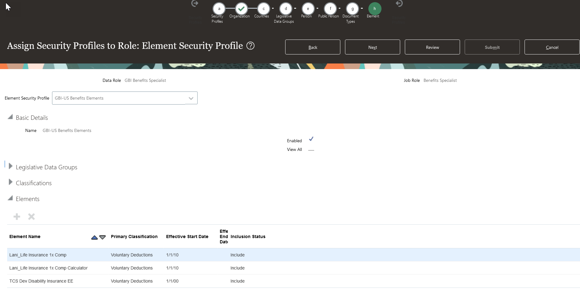 Viewing Element Security Profile Details from the Elements Train Stop