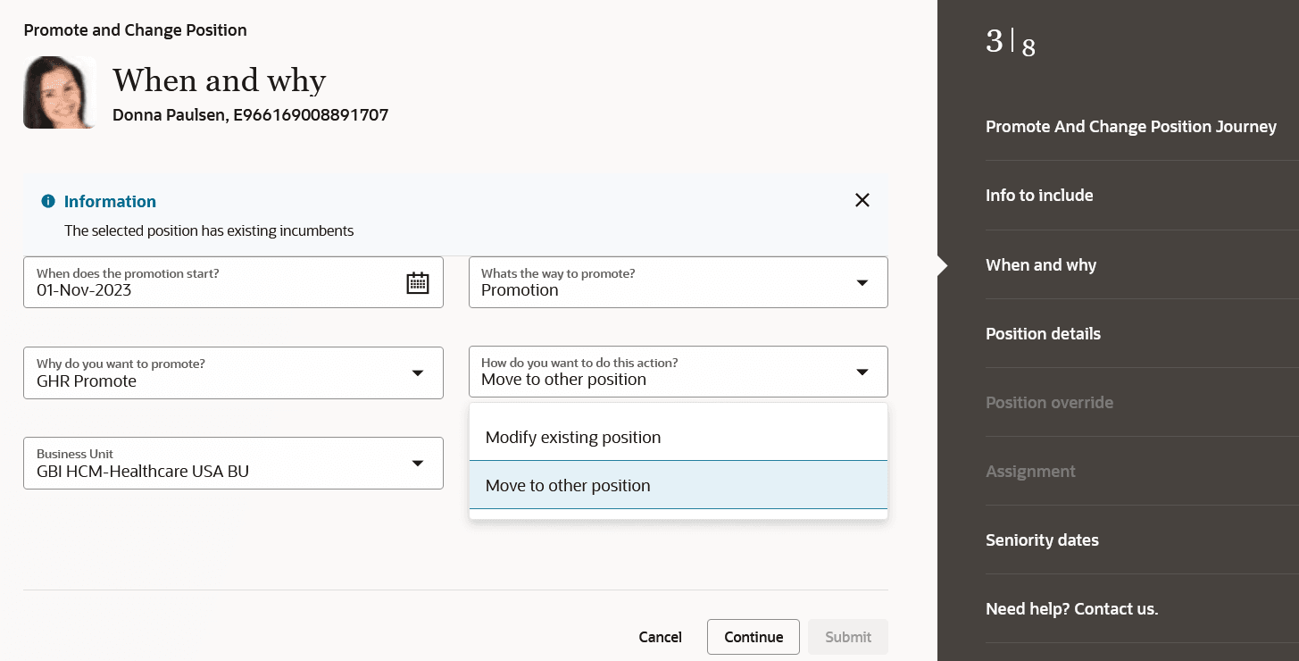 Select whether to modify existing position or move the worker to another position