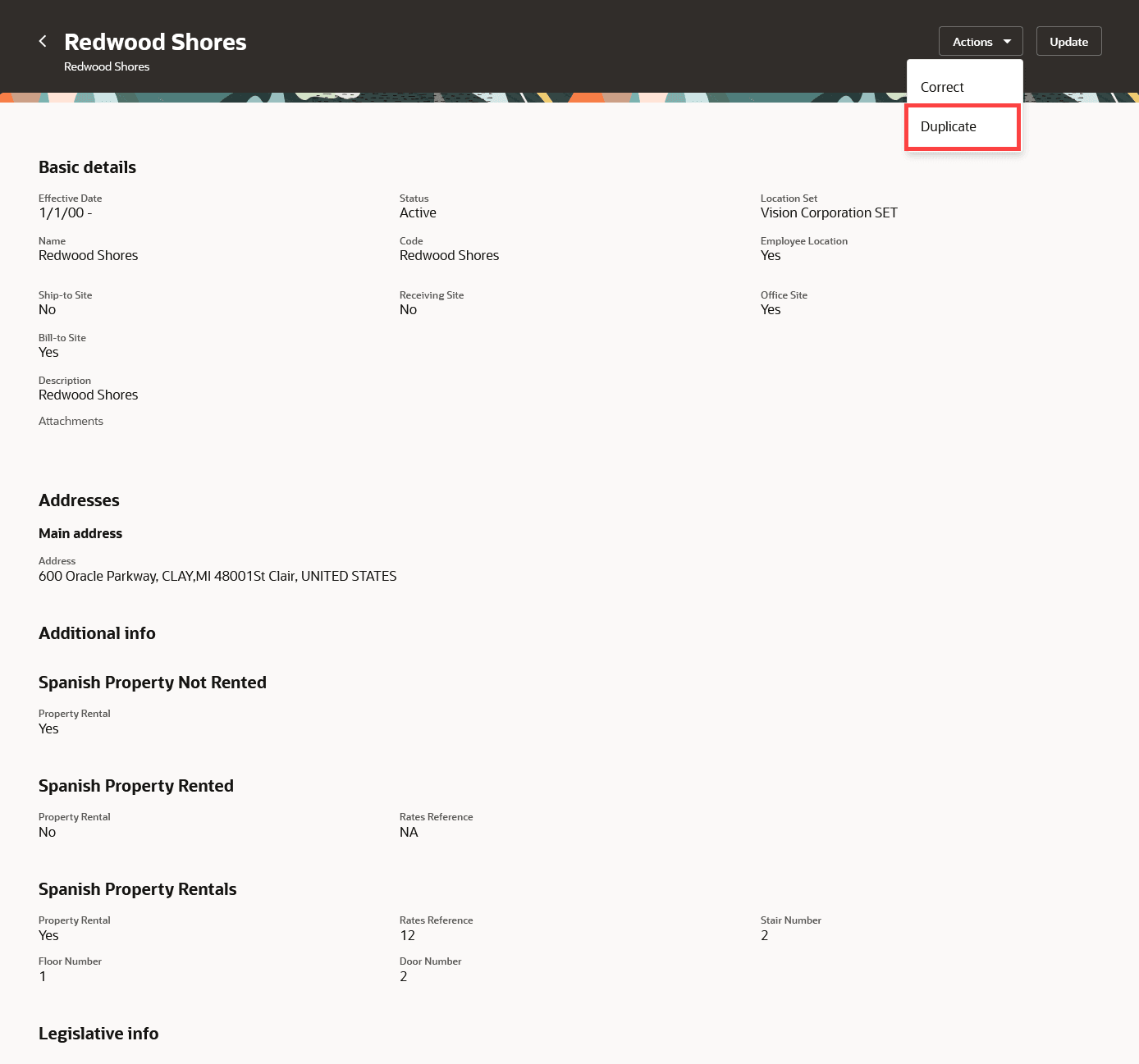 Location read-only page with Duplicate action in Redwood
