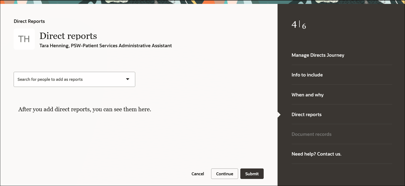 This image shows the Direct reports step of the process, where you can search for people and add them as direct reports.