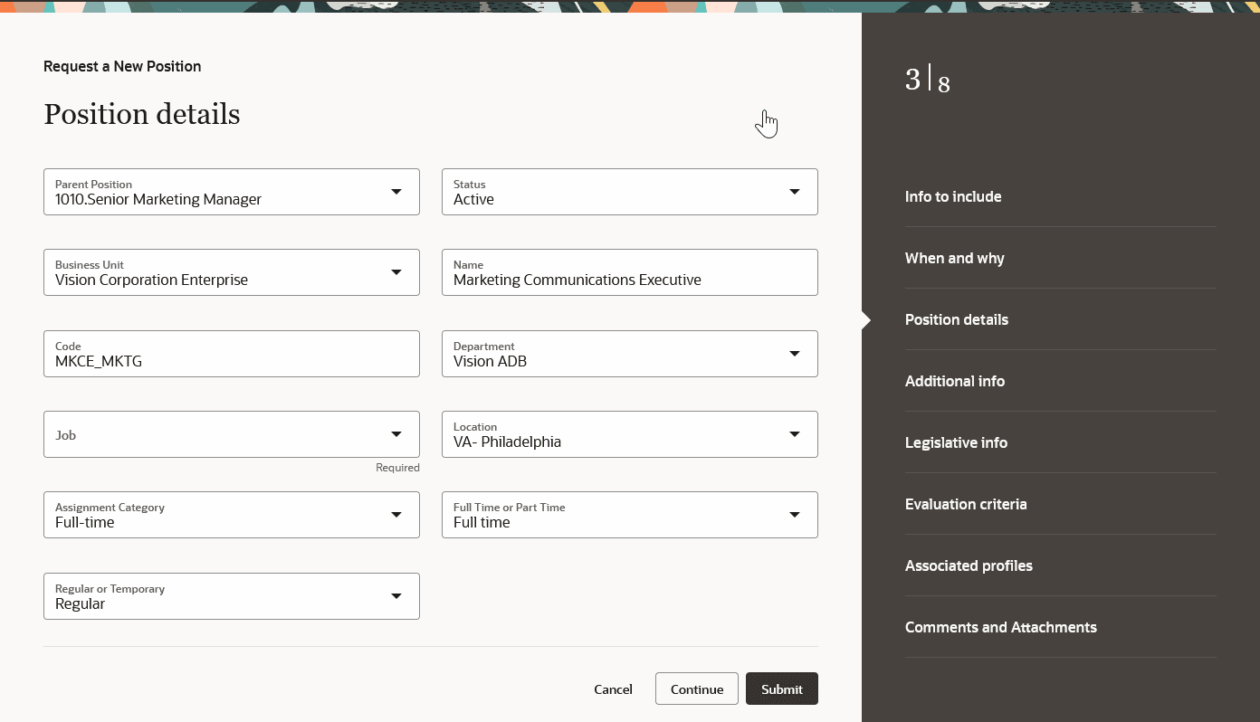 Position details step of the Request a New Position process
