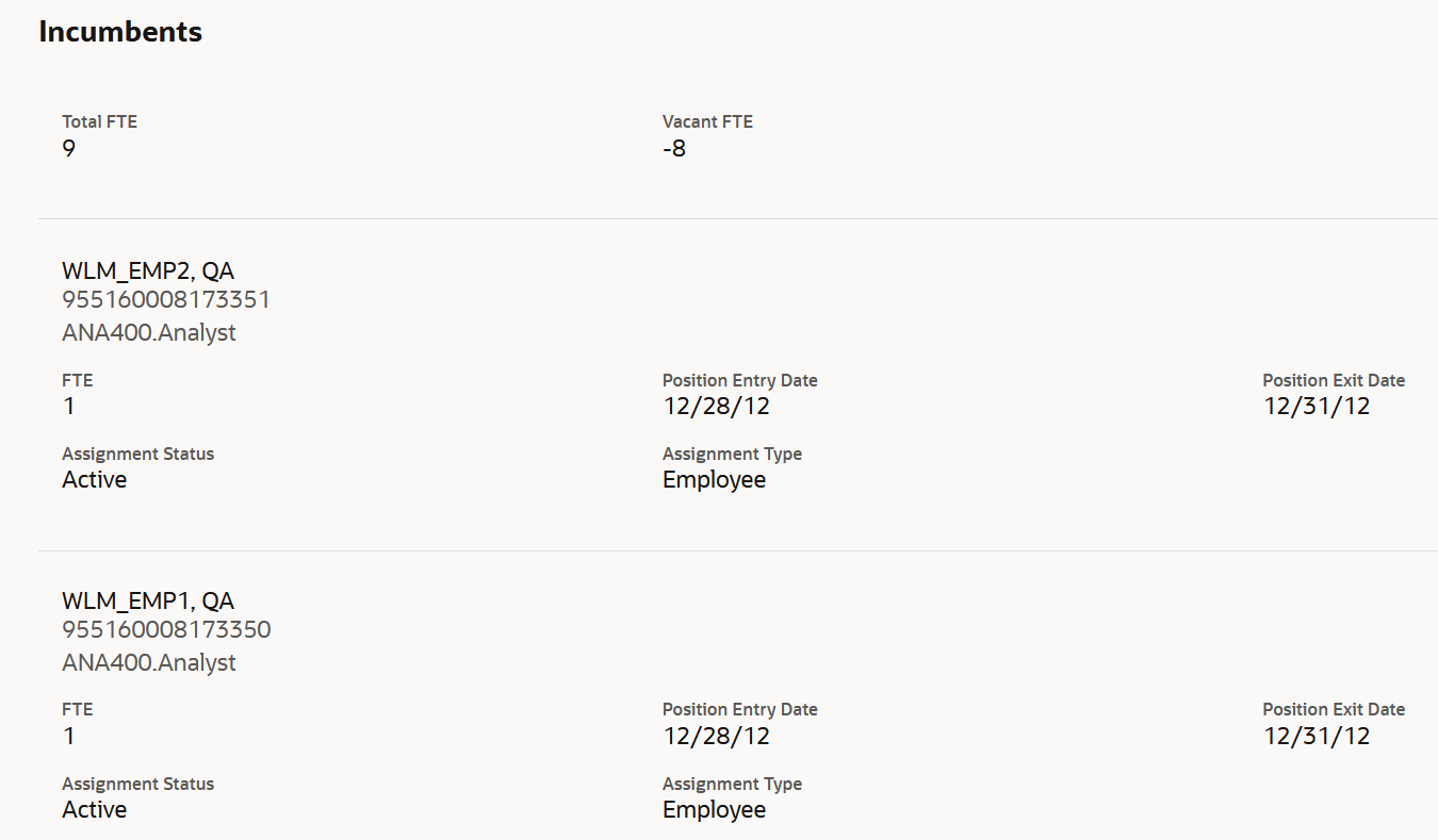 Incumbents section in Redwood page while updating and correction a position