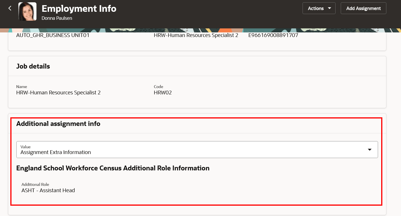 Additional Assignment Info on the Employment Info page