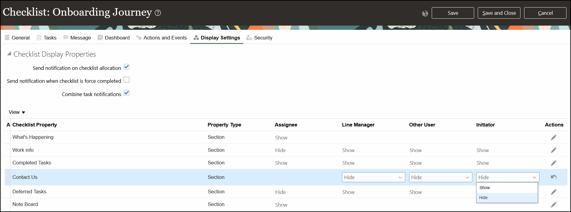 Screen Capture for Edit the Display Settings in the Setup Page for the Assigned Journey.