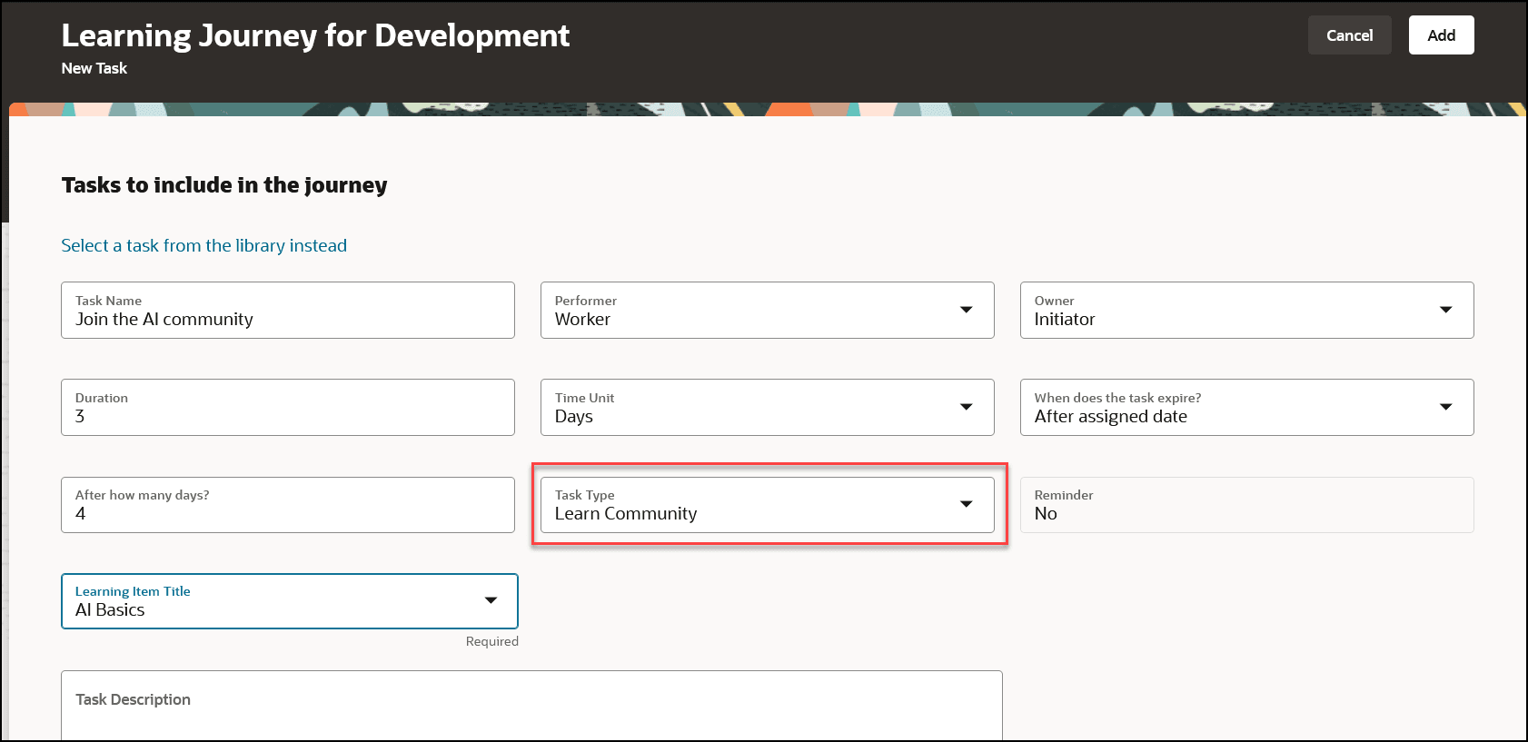 Screen Capture for Enter Details for the Learn Community Task Type.